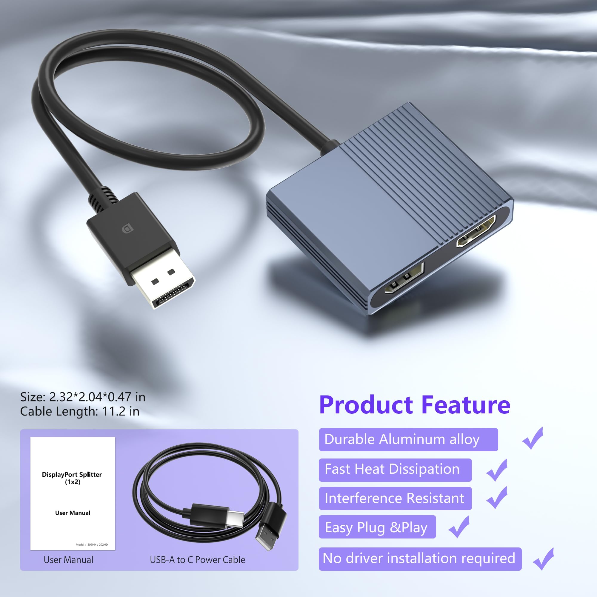 Adapter DisplayPort na HDMI i DisplayPort, adapter 4K przy 60 Hz, adapter DP na HDMI/Display Port Splitter 1 w 2 wyjścia, rozszerzony wyświetlacz, DisplayPort MST Hub do komputera stacjonarnego