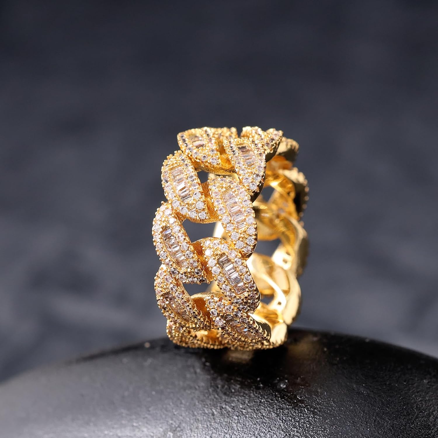 Lulu Mel Iced Out Jewelry Baguette Cuban Ring, Hip Hop Silver Gold Moon Shaped Cuban Ring, Shiny Square Diamond Rings For Men Women - Image 4