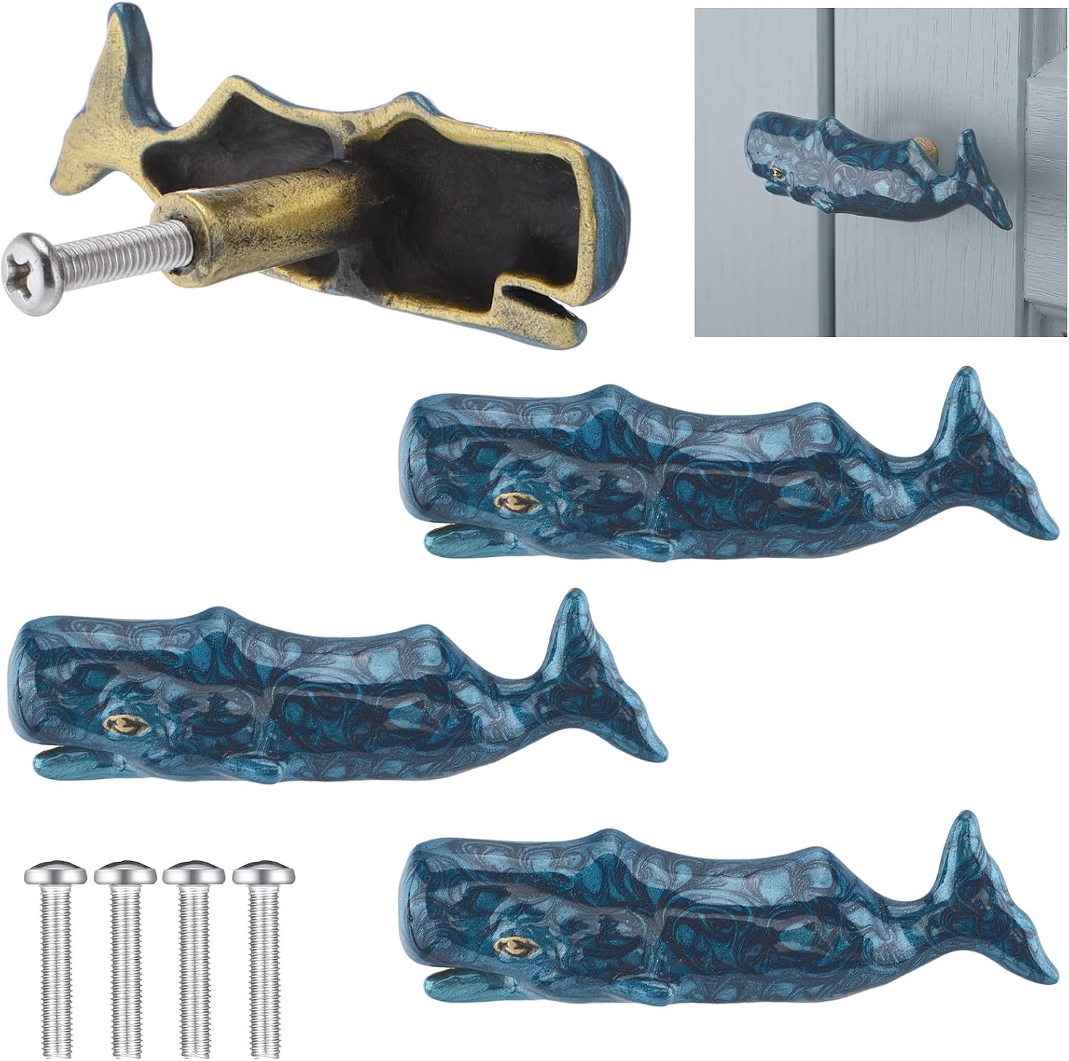 4 Pcs Blue Whale Shape Drawer Knobs, Ocean Animal Theme Single Cabinet Pulls, Vintage Blue Zinc Alloy Cabinet Knobs for Kitchen Cupboard Wardrobe Door Decor Hardware