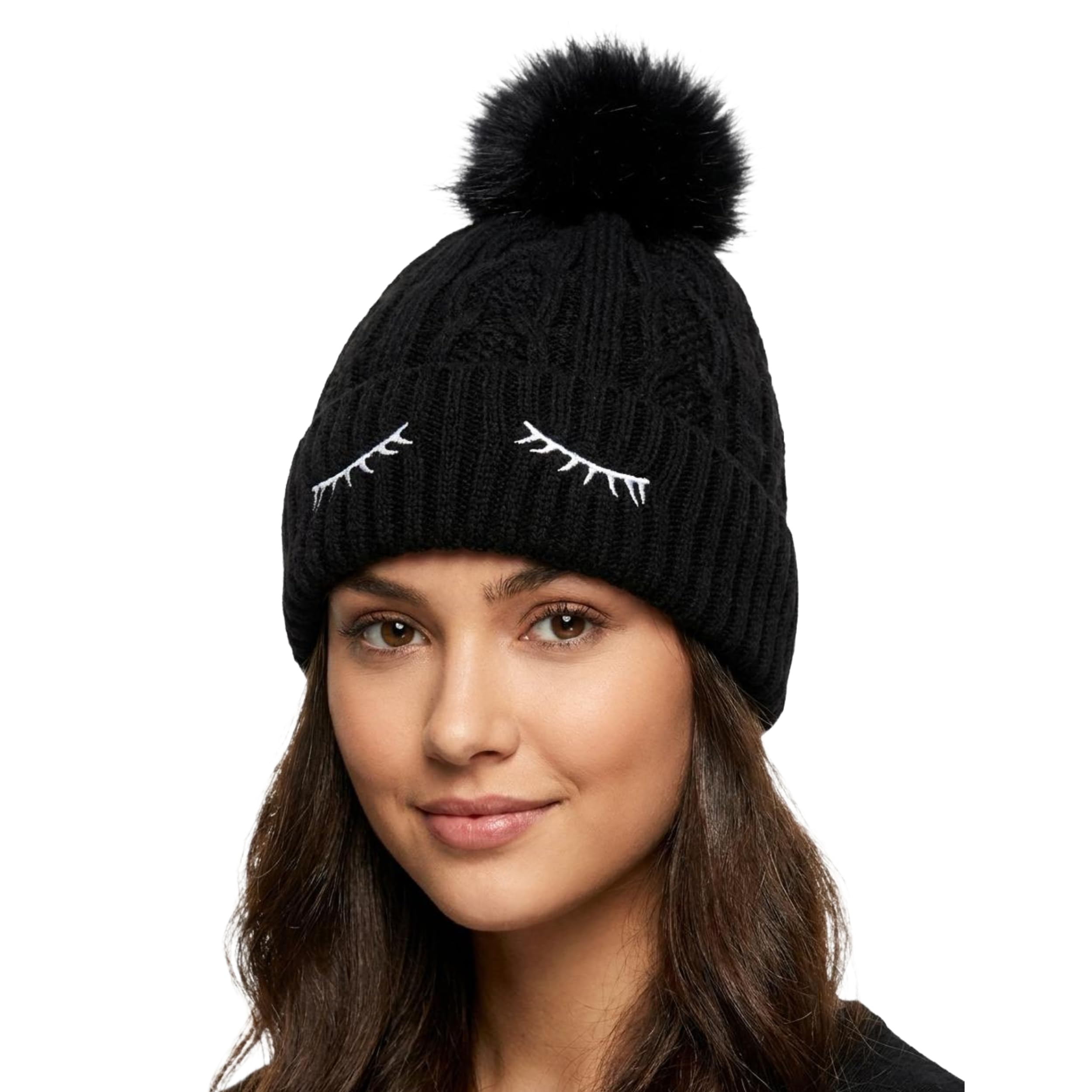 Winter Beanie Cap for Women and Girls | Cute Embroidered Eyelash Knit Woollen Cap with Fluffy Faux Fur Pom Pom | Soft Warm Thermal Skull Hat for Winter Travel & Outdoor Wear-image-27