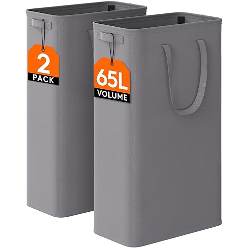 Lifewit 2 Pack Slim Laundry Hamper, Collapsible Narrow Laundry Basket, Small Tall Dirty Clothes Hampers with Handles for Bathroom Bedroom College Dorm, Grey, 65L - Gray - 65L