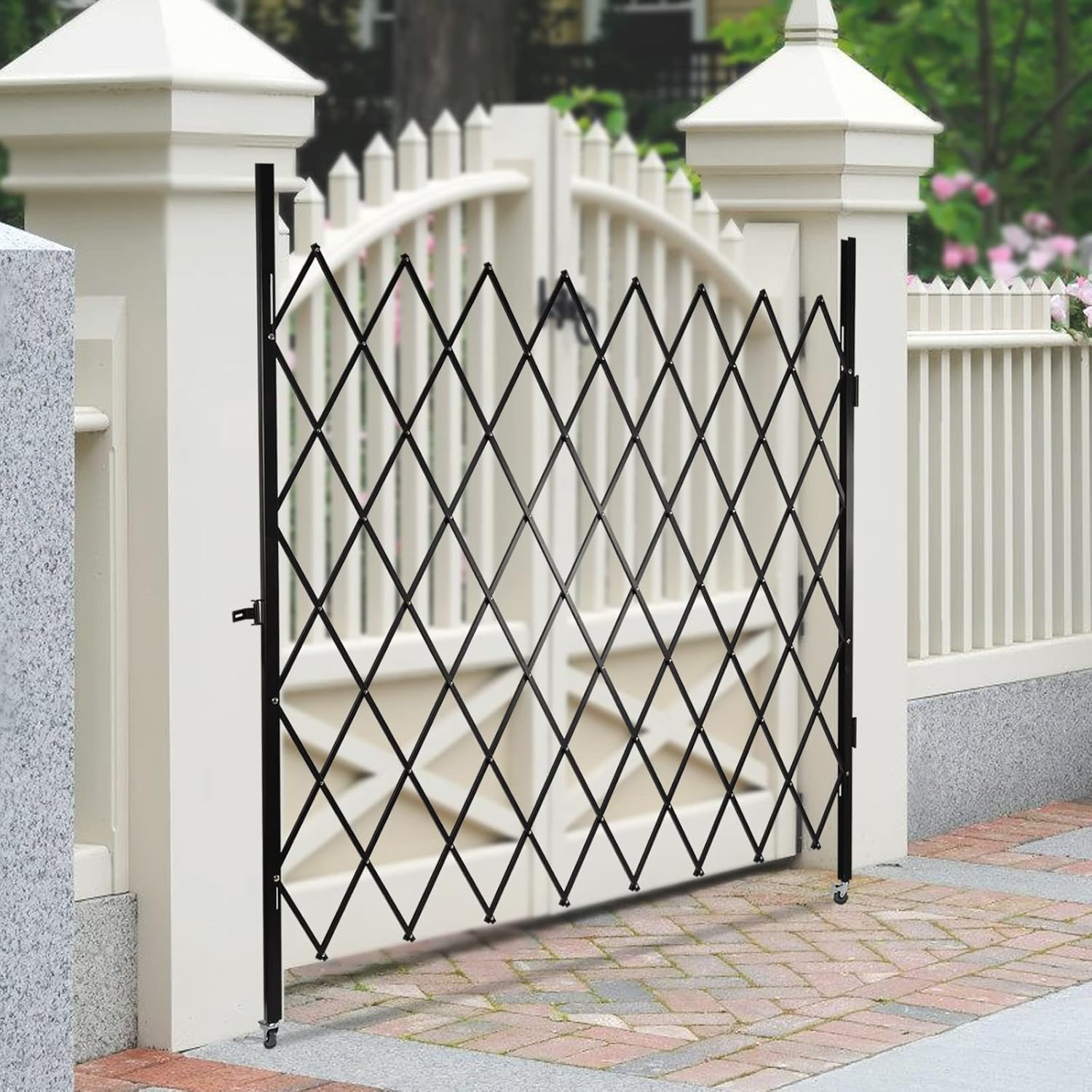 Folding Security Gate,87''H x 79''W Black Metal Safety Gate with Diamond Grid and Padlock, Expandable Wall Mount Gate for Garage, Basement, Storefront, School and Industrial Site
