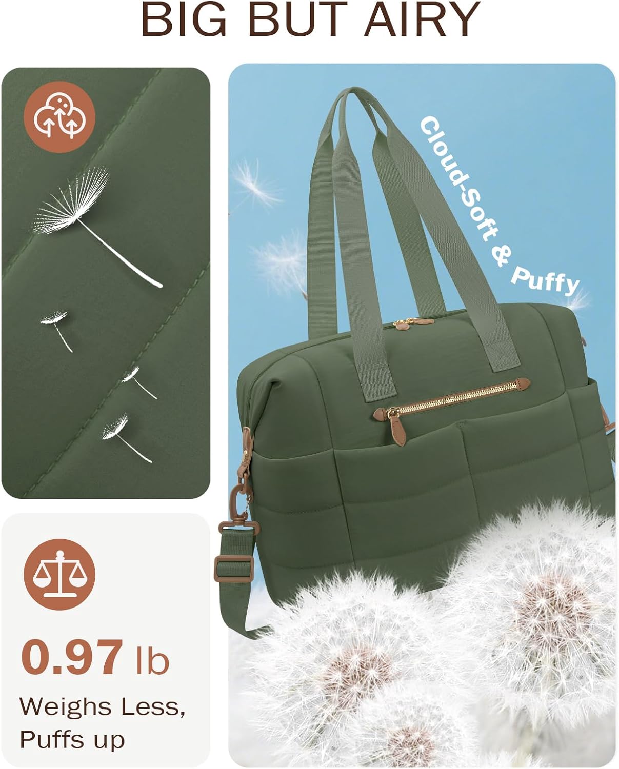 Tuwubi Travel Duffel Bag, Puffer Gym Bag for Women Weekender Overnight Bags, Carry On Luggage Tote Hospital Bag for Women Labor Delivery with Toiletry Pouch(Forest Green, L)