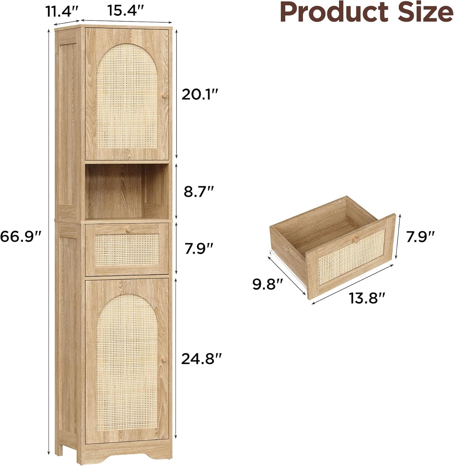 Real Rattan Narrow Tall Bathroom Storage Cabinet with Doors & Drawers, Narrow Kitchen Storage Pantry Cabinet, Slim Free Standing Bathroom Floor Organizer Storage Cabinets with Adjustable Shelves
