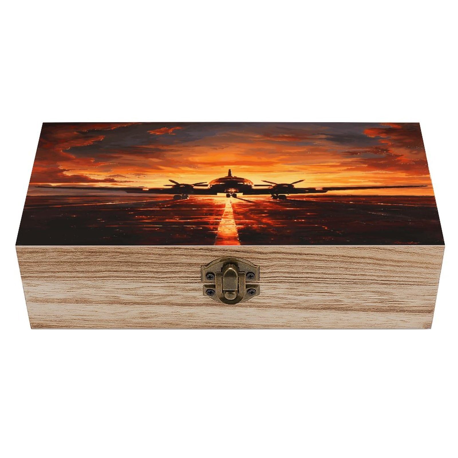 Aircraft Plane at Sunset Wood Keepsake Box Wooden Box with Hinged Lid