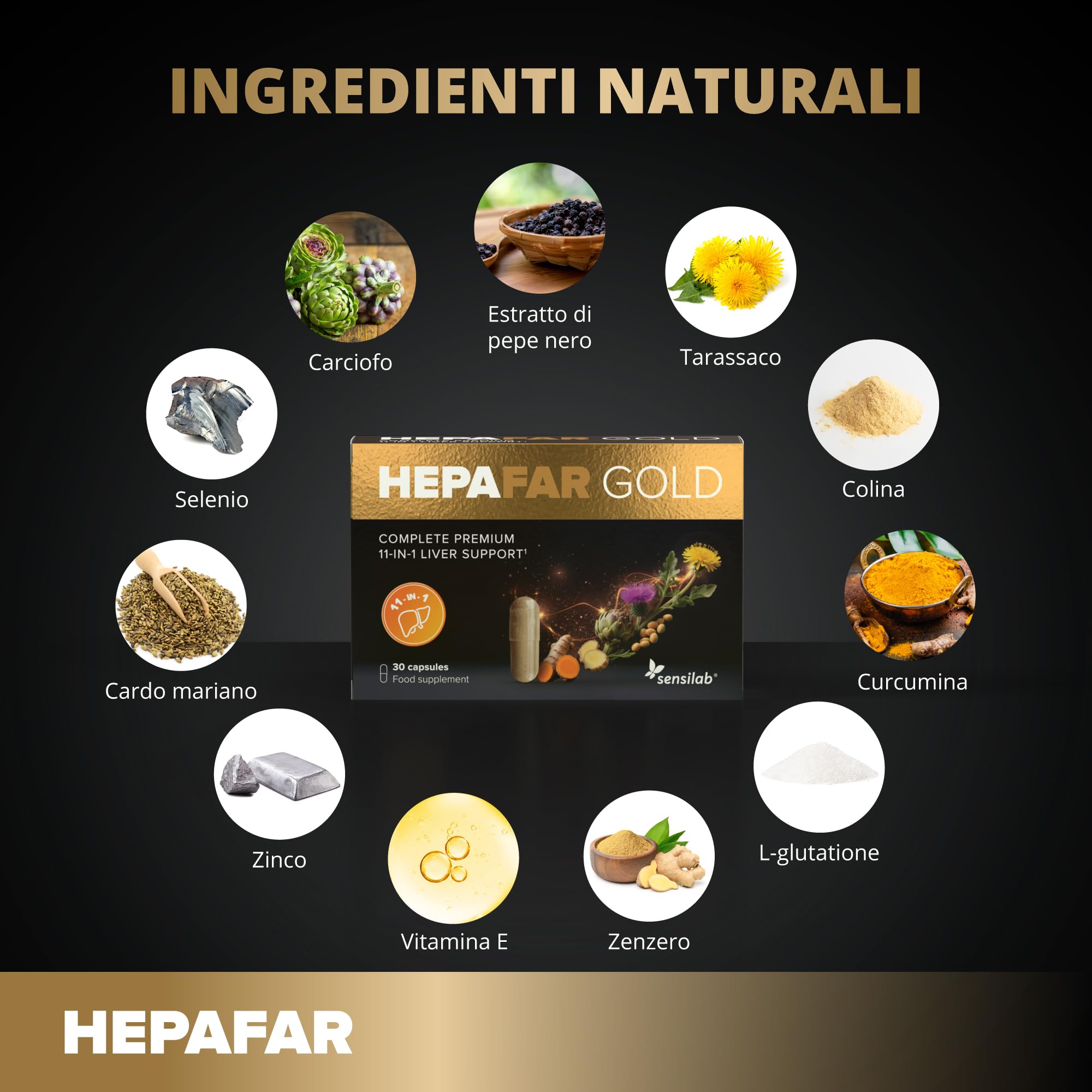 Hepafar Gold Premium con Glutatione, Curcuma, Cardo Mariano, Colina, Carciofo e Zenzero - Integratore per il fegato, 60 capsule, di Sensilab