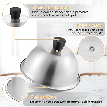 Joyfair 3Pcs Stainless Steel Cheese Melting Dome Basting Burger Cover Set | Heat-Proof Handle, 6 Inch Metal Steaming Cover Grill Lid for Indoor & Outdoor Flat Top Griddle Teppanyaki, Dishwasher Safe