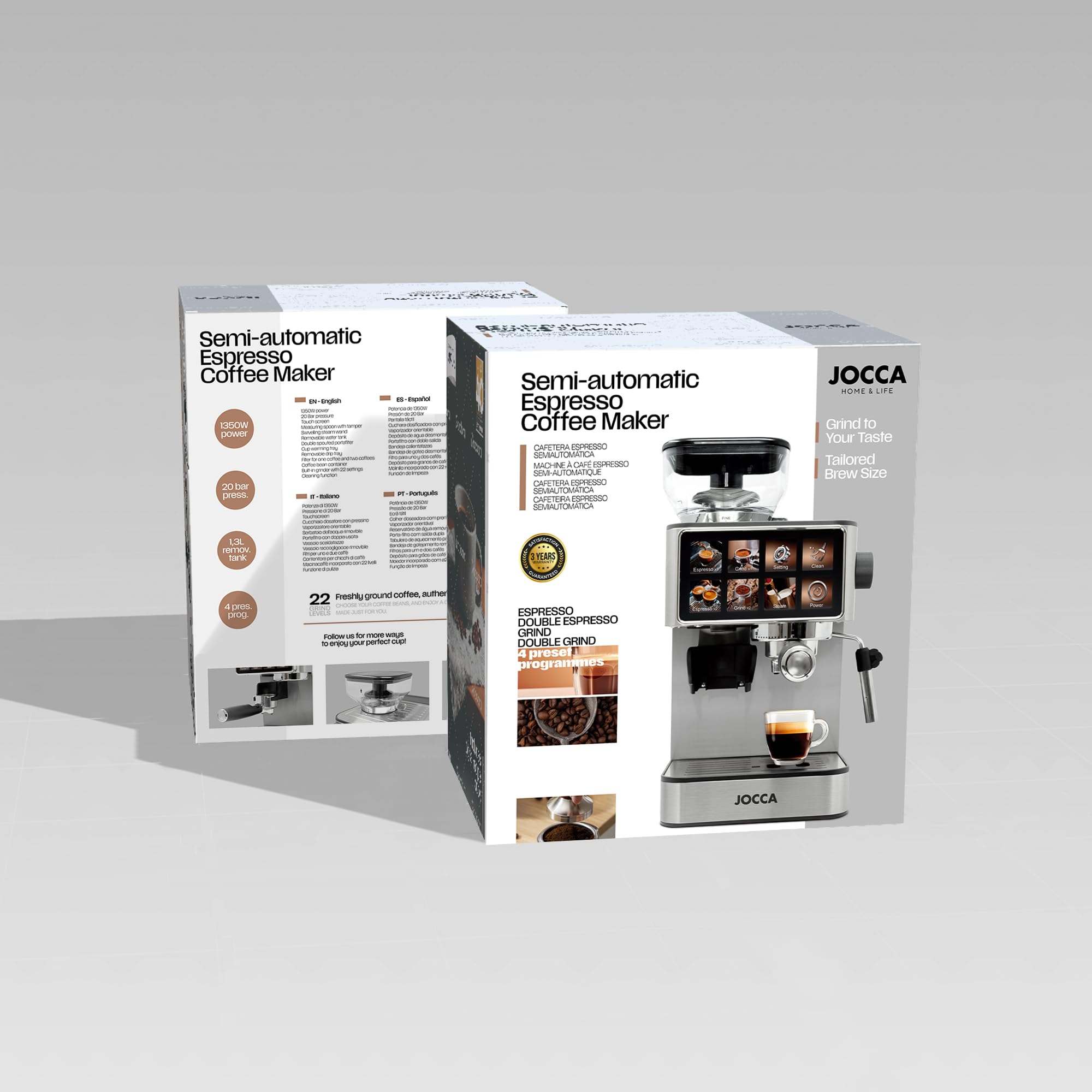 Jocca - Cafetera Espresso Semiautomática 20 Bar con Molinillo, Pantalla Táctil, 22 Niveles de Molienda, Vaporizador, Depósito 1,3L, 1450W, Acabado en cromado Acero Inoxidable