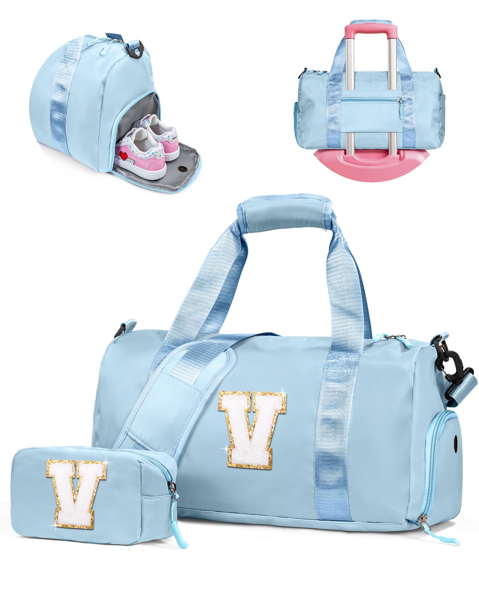 Vogewood Gift Ideas for Kids-Girl Gym Bag with Shoe Compartment, Kid Personalized Weekender Overnight Bags, Initial Travel Tote with Makeup Pouch,