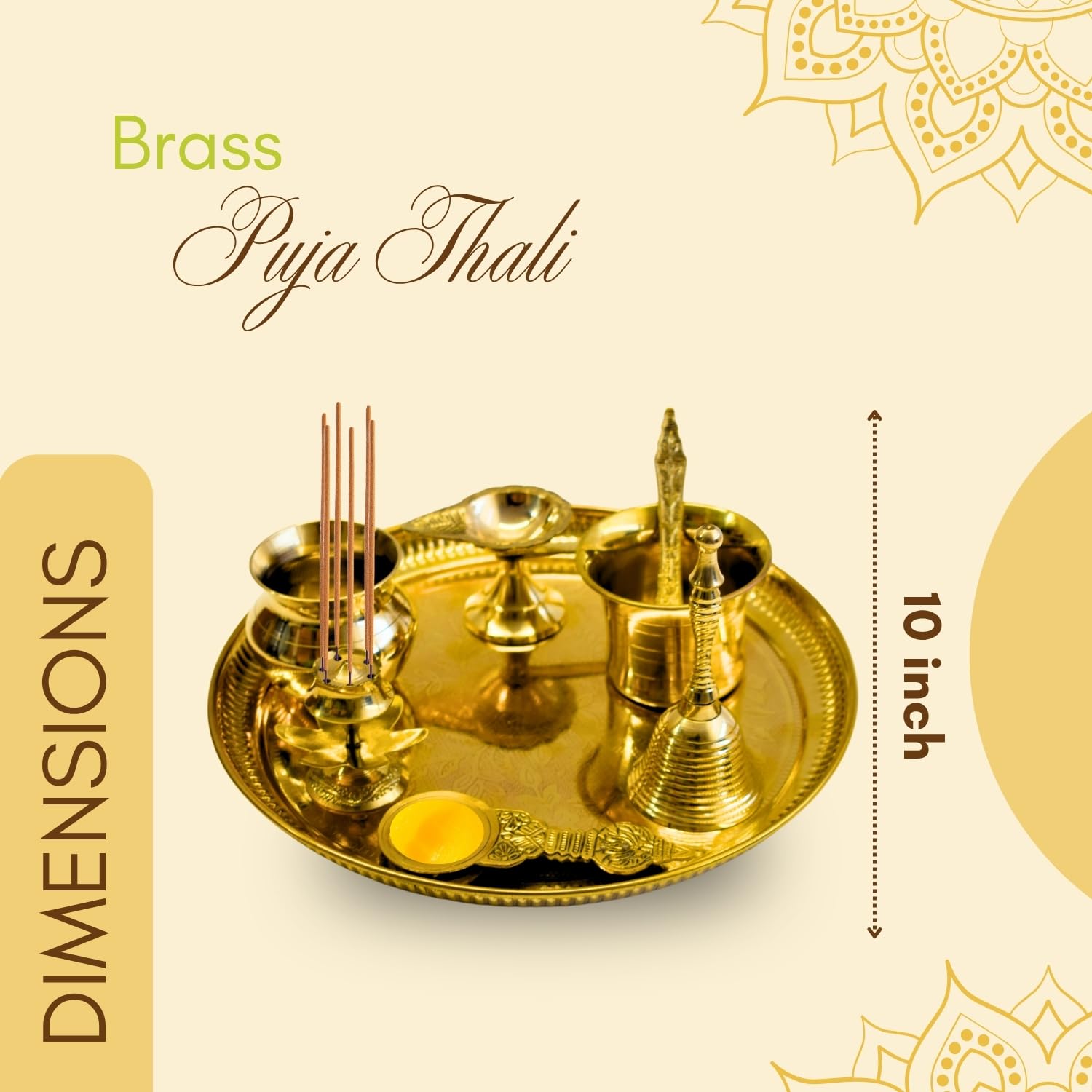 Vedic Charya Brass Puja Thali Set 10 Inch Round Shape – Golden Traditional Plate Worship, Decorative Indian Religious Festivals Thali