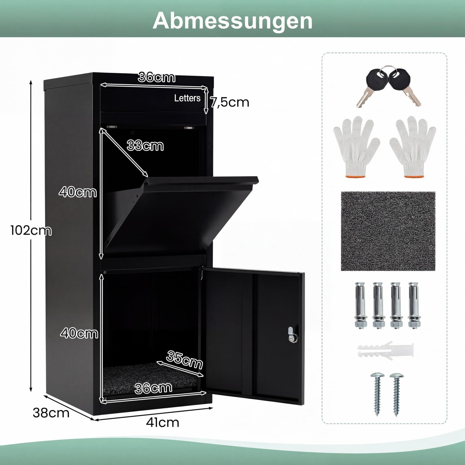 COSTWAY Paketbox, Paketbriefkasten mit Paketfach, Brief- und Paketabgabeschlitz, Postbox aus Metall für draußen, Paketkasten Standbriefkasten für Post, Zeitschriften, Pakete