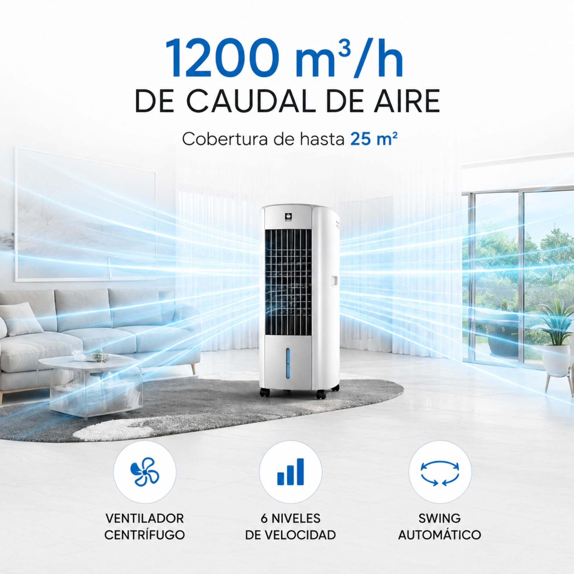 Vonala Climatizador Evaporativo con Calefacción E1100C – Enfriador de Aire Portátil 3 en 1, Depósito 10L, 6 Velocidades, Mando a Distancia, 130W, Cobertura 25m²