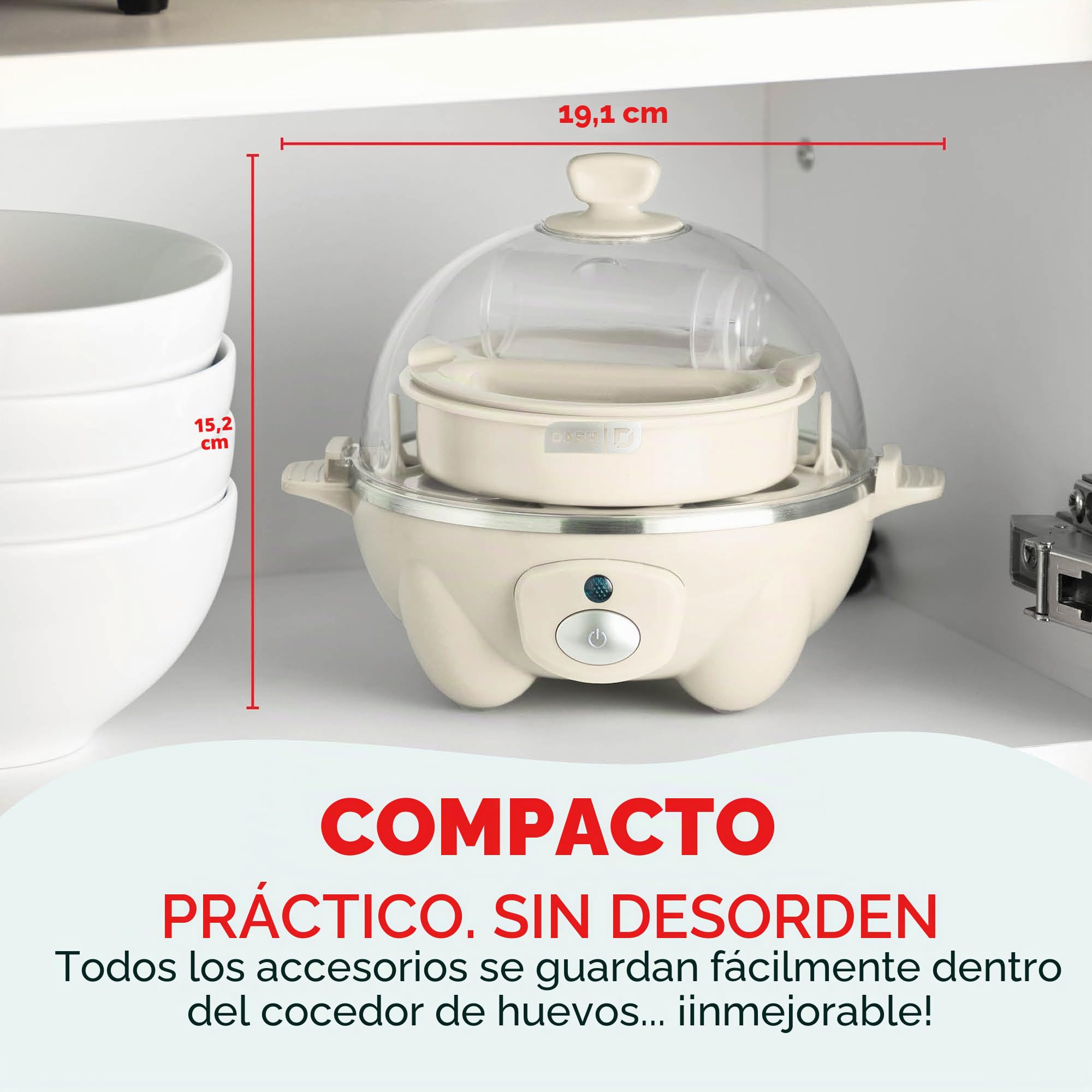 DASH - Olla de huevo rápida, con capacidad para 7 huevos, para huevos duros, huevos escalfados, huevos revueltos u tortillas con función de apagado automático, color crema