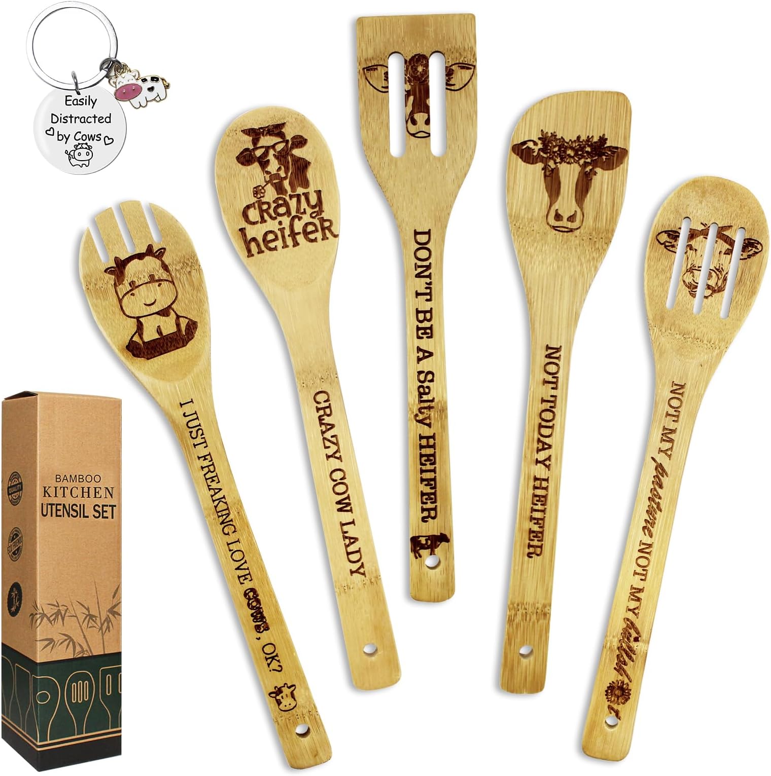 6PCS Cow Gifts for Women, Unique Cow Print Bamboo Spoons Set with Cute Keychain, Kitchen Gifts for Women Mom Sister Bestie