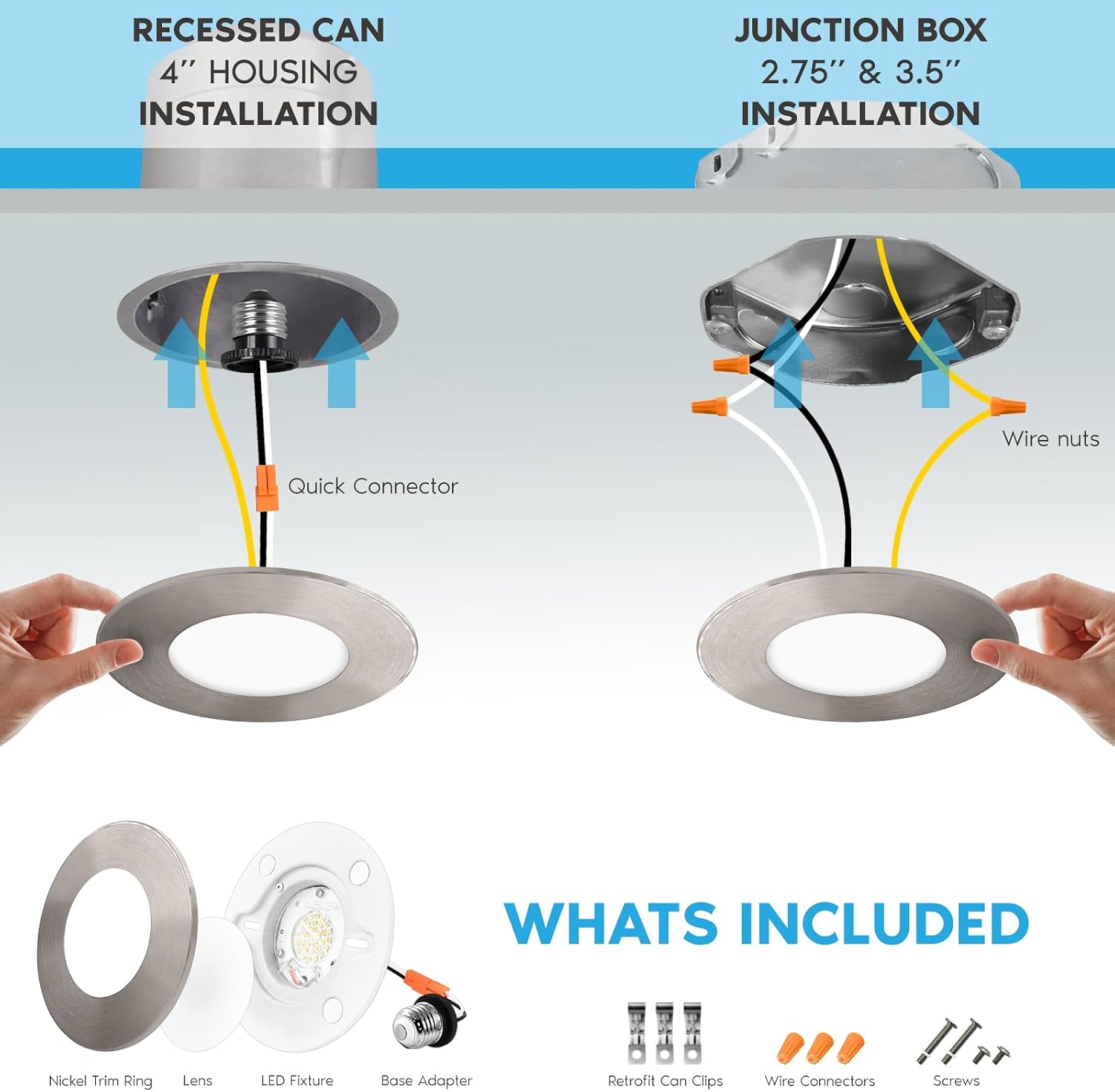 LUXRITE 3-4 Inch LED Flush Mount & Recessed Light, 7.5W, 5CCT 2700K-5000K, 650LM, Magnetic Trim, Dimmable Ceiling Can Light, Install to J-Box or 4 Inch Housing, Wet Rated, UL, Brushed Nickel (6 Pack)