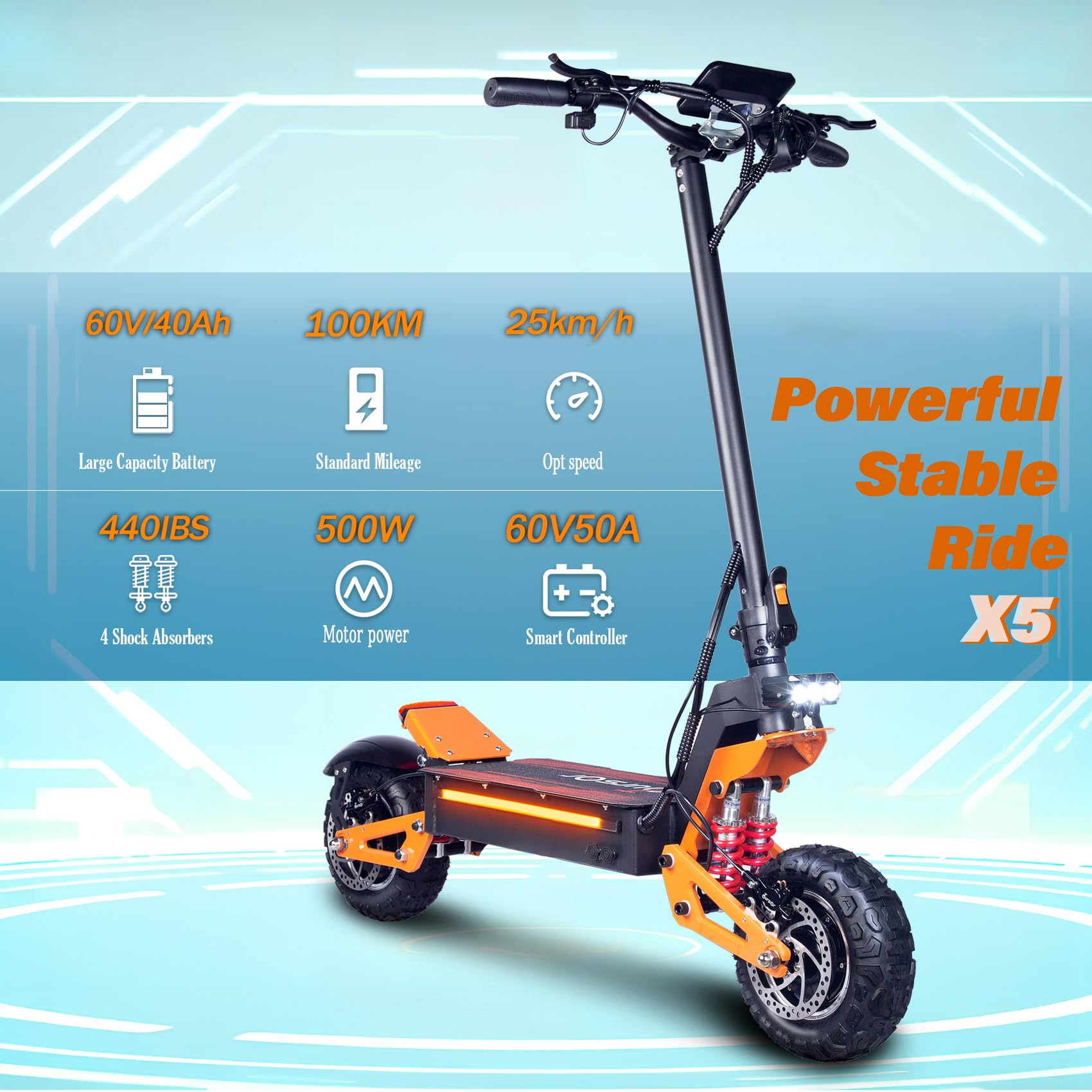 Patinete Electrico Adultos Todoterreno Scooter Eléctrico Rápido Motor Doble 11 Pulgadas Acelerador de Pulgar Neumáticos sin Cámara 60V38AH Batería de Litio Carga máxima 200 KG