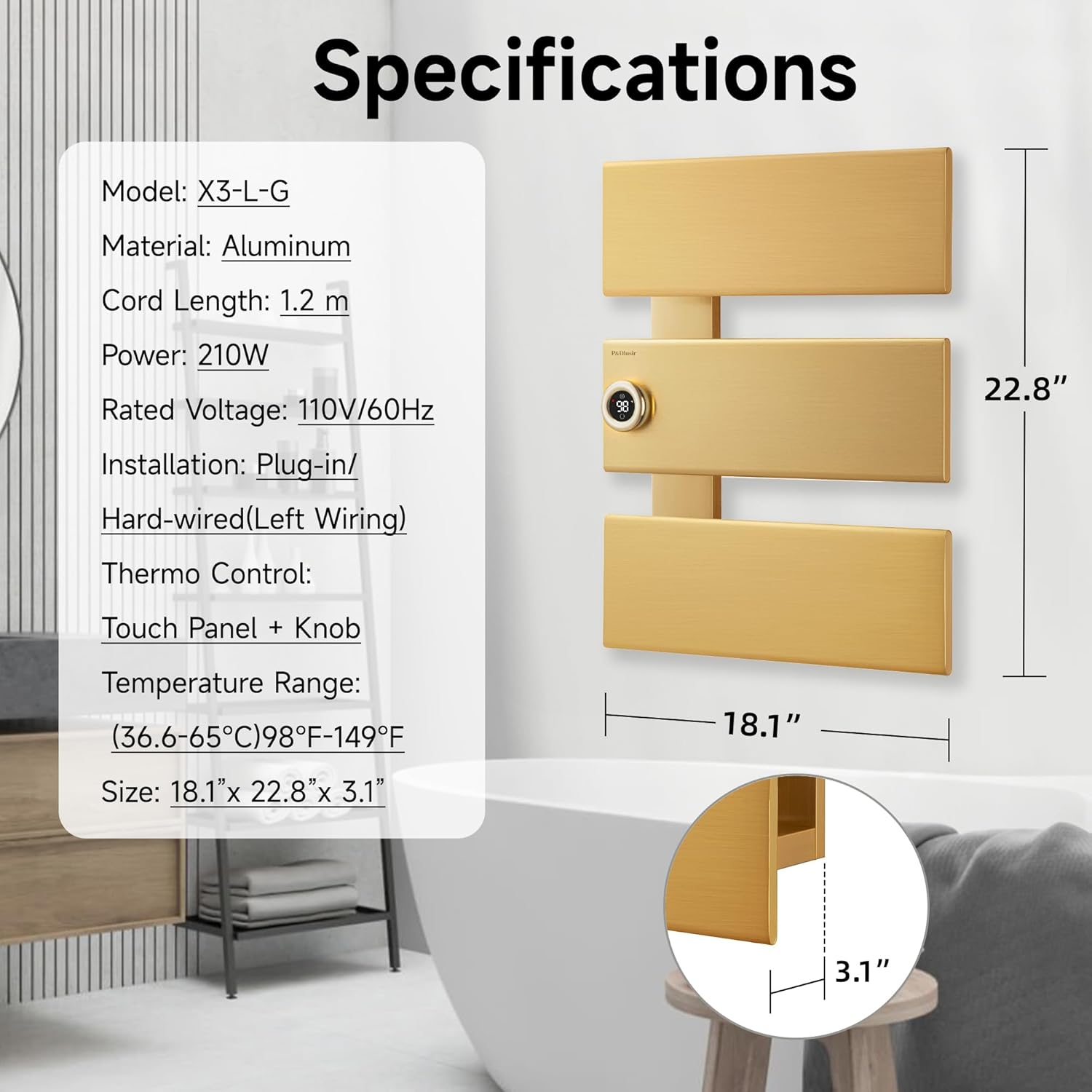 P&Dlusir Towel Warmer, Heated Towel Rack with Adjustable Temperature and Timer (1-24h, On), Fast Heating and Drying for Bathroom, Memory & Remote Control Compatible, Left-Wiring, 3-Panel, Gold