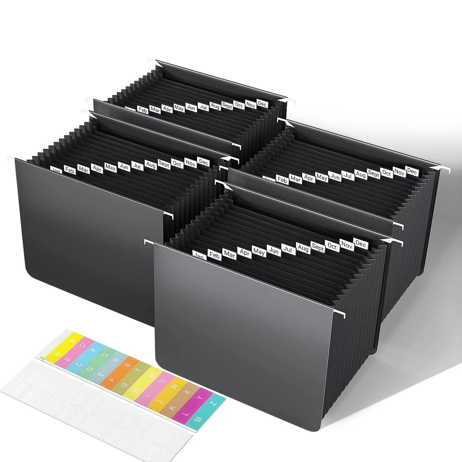 TOPCJ Black Hanging File Folders,Expanding File Organizer,File Cabinet Letter Size,13 Innovative 1.35” Accordion Pockets,Monthly Tabs,Large Capacity,