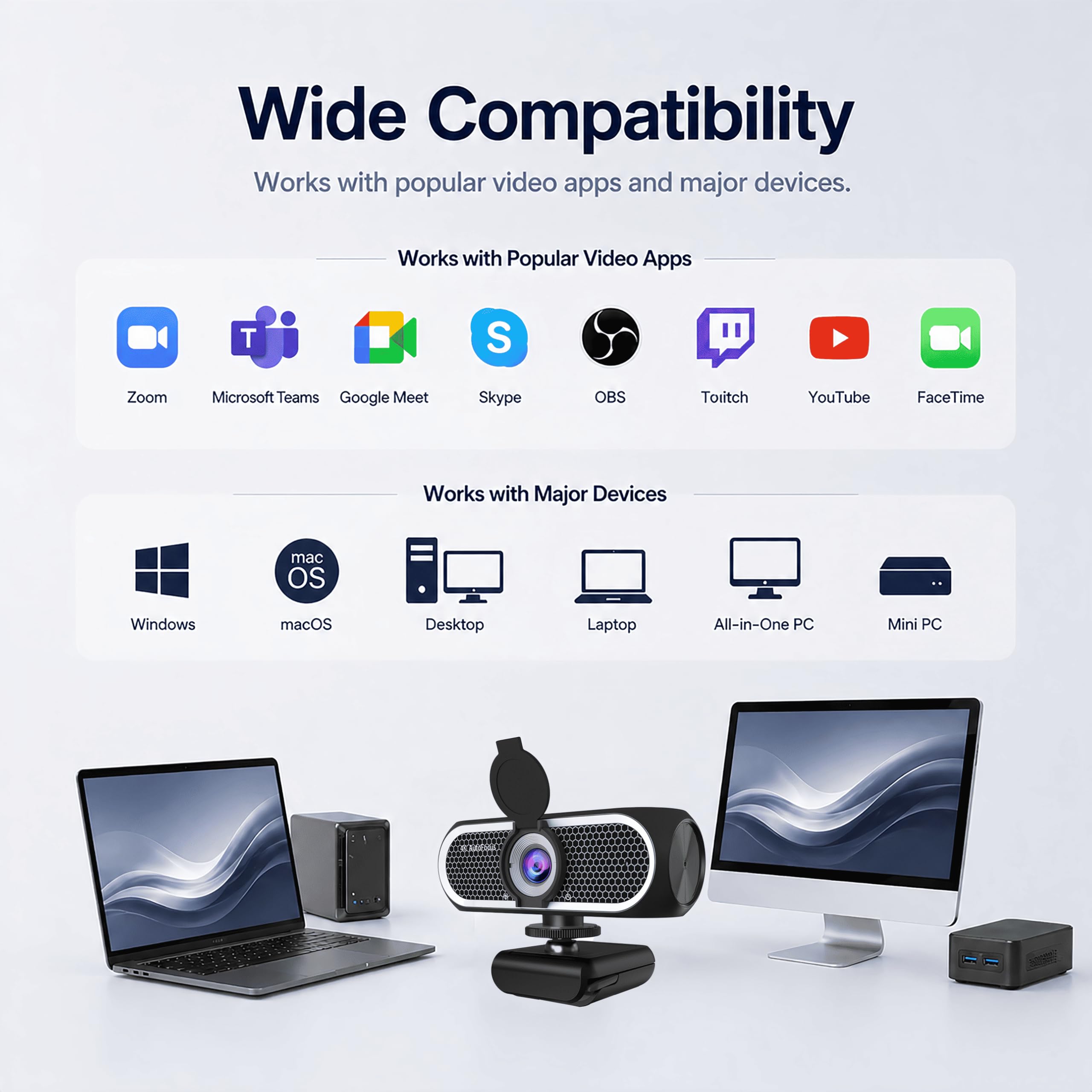 Cámara web de enfoque automático 4K para PC y portátil, cámara USB Plug & Play con micrófonos duales que reducen el ruido, mejora de poca luz, obturador de privacidad, compatible con trípode