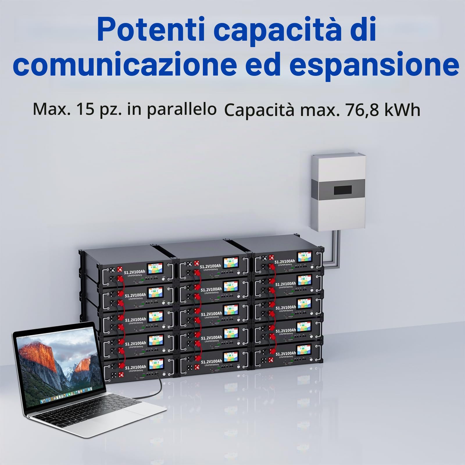 batteria al litio 48V 400Ah, batteria di accumulo LiFePO4 da 20kWh, connessione RS485 e CAN, Smart Display, per accumulo fotovoltaico, batteria off-grid, impianto solare, camper