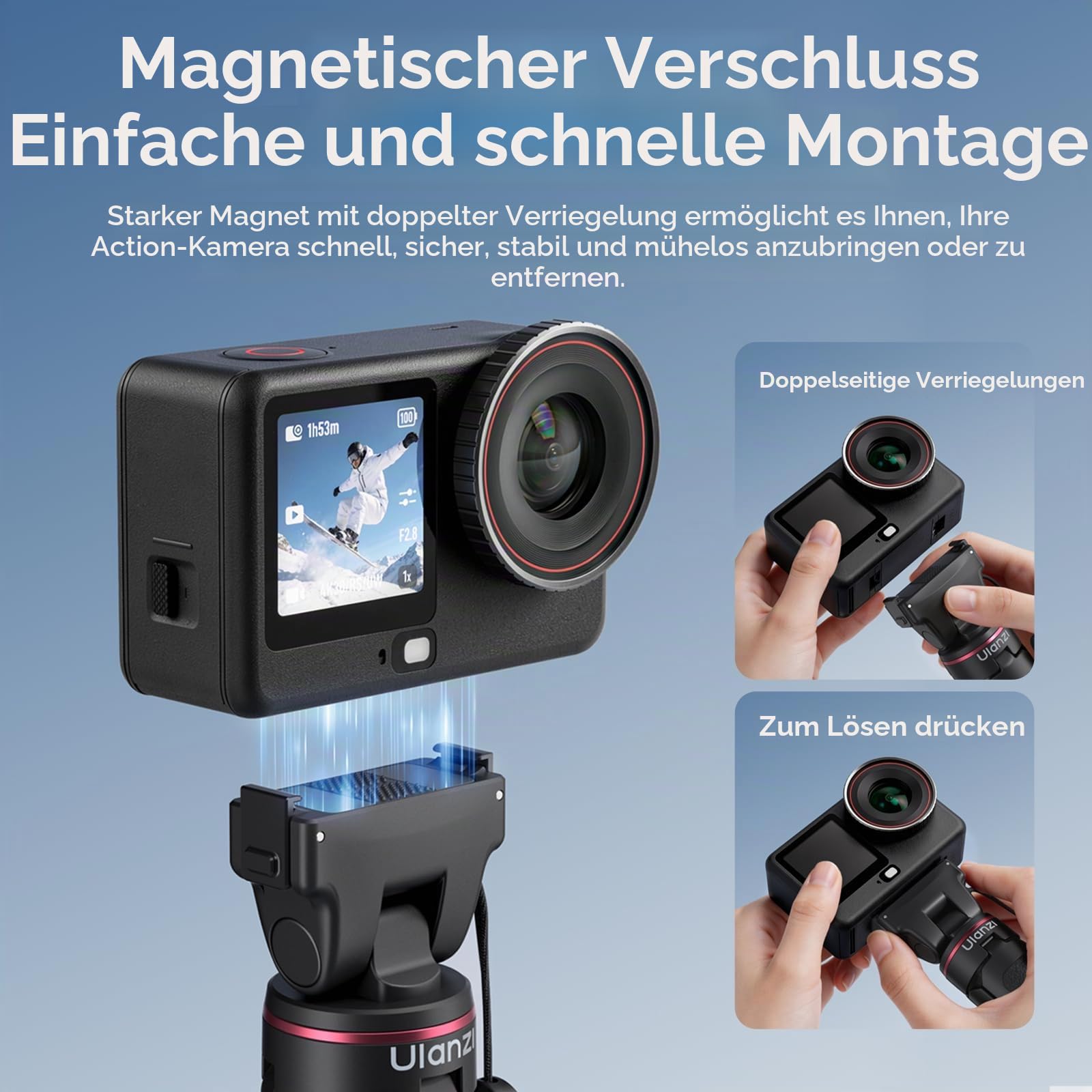 ULANZI MT99 Mini Stativ mit Magnetischer Schnellverschluss für DJI Osmo Action 6/Nano, 2-in-1 Selfie Stick Stativ, Leicht und tragbar, 26cm Action Kamera Stativ - 3-teilige Teleskopstange