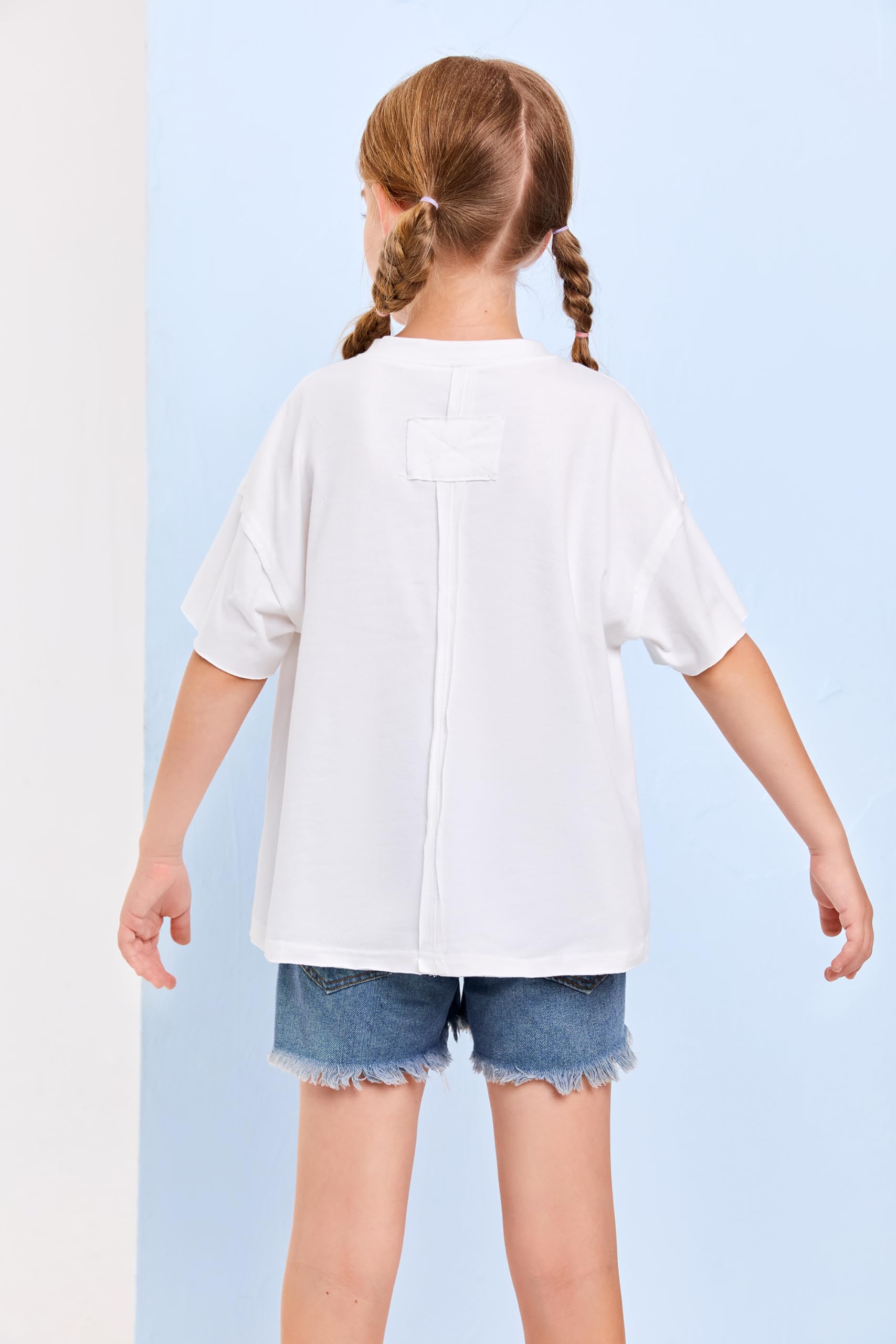 Haloumoning Camiseta de manga corta para niñas de algodón holgada cuello redondo