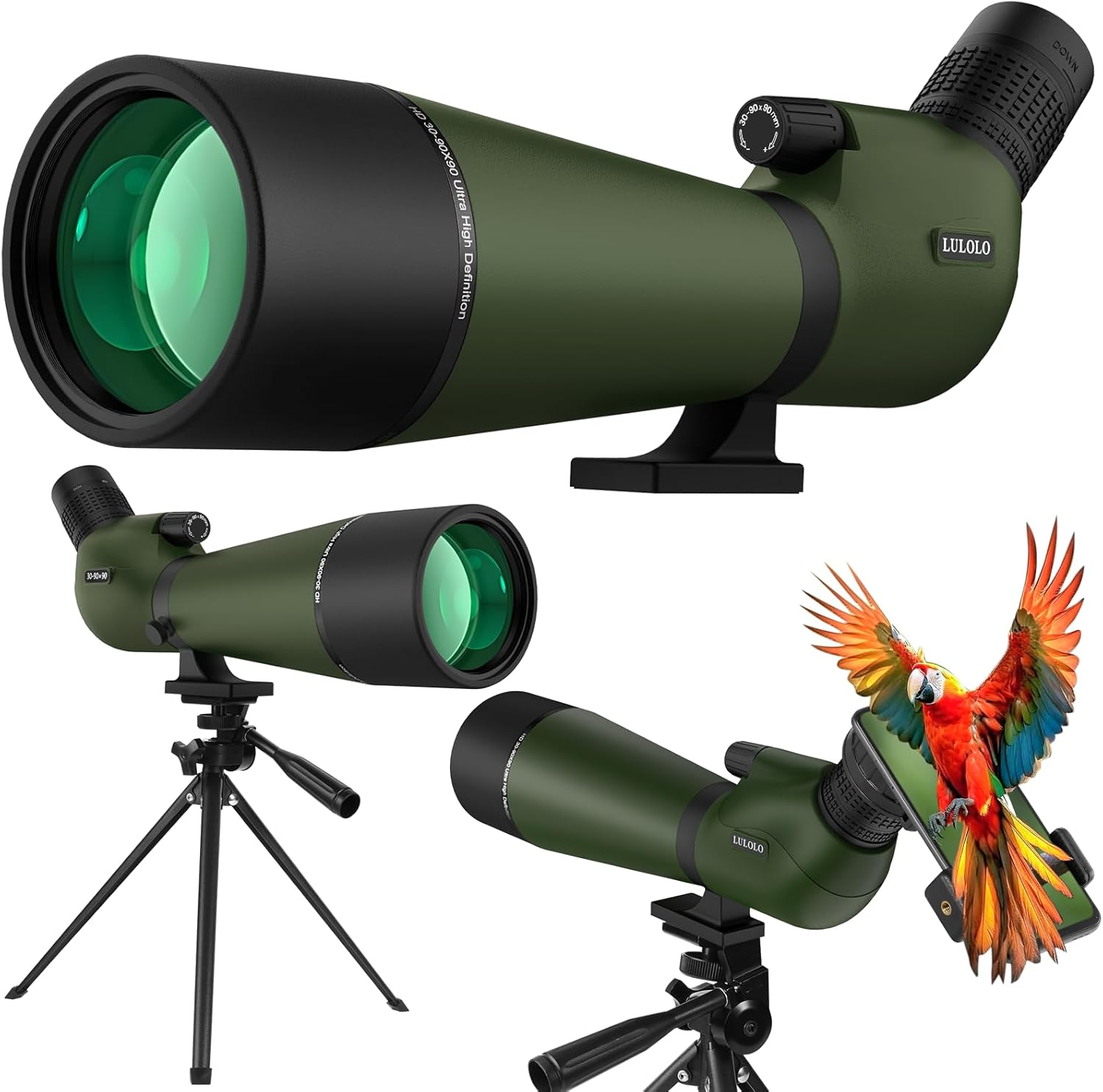 30-90x90 UHD Spotting Scope with Tripod Carrying Bag & Upgraded Phone Adapter - Super Bright BAK4 Prism Waterproof Spotting Scopes for Target Shooting, Hunting, Bird Watching, Wildlife Viewing
