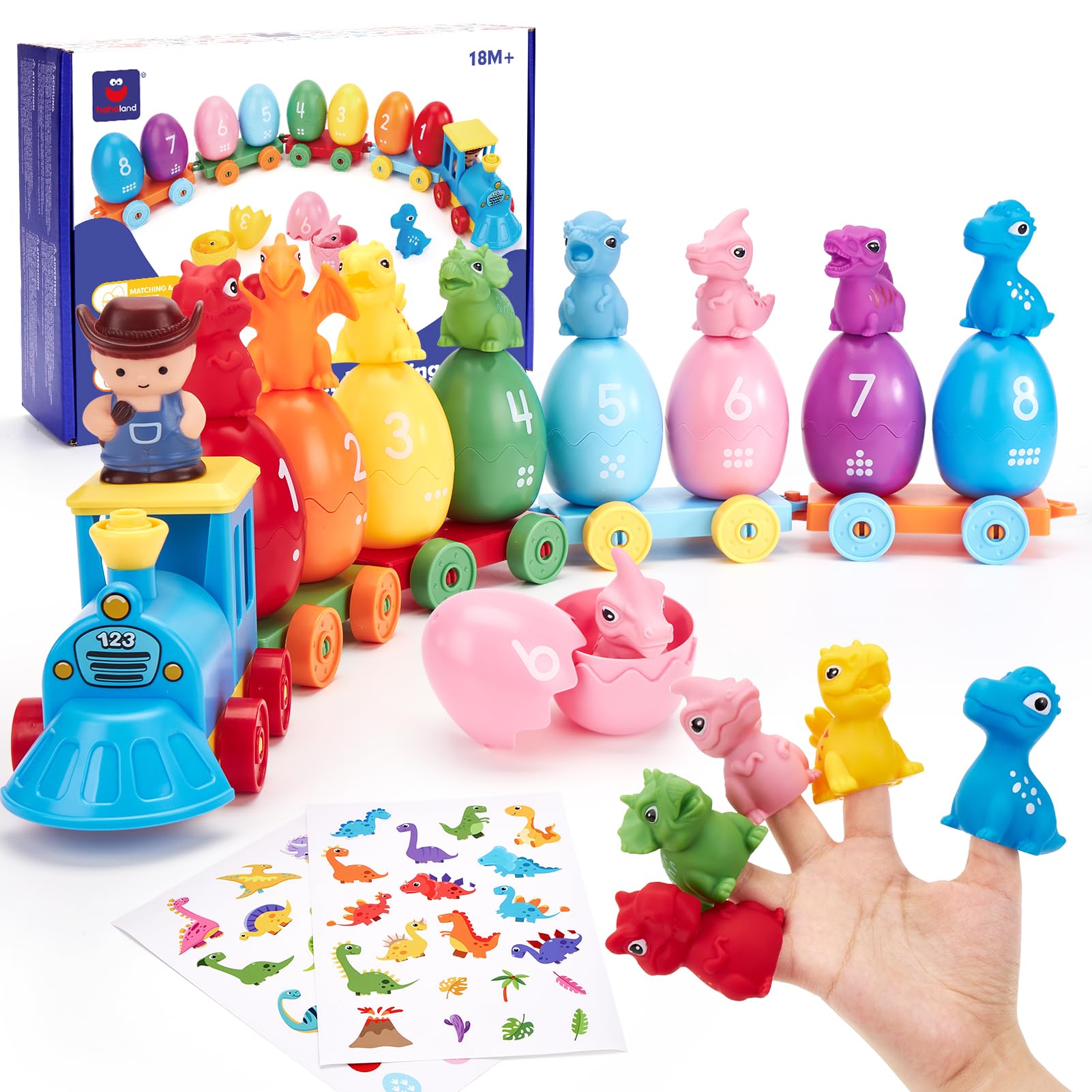 Hahaland Dinosaurier Montessori Spielzeug 2 Jahre mit Dino-Eiern, Fingerpuppen & Stickern, Zug Spielzeug zum Zählen Sortieren Zuordnen, Kinderspielzeug ab 2 3 4 Jahre, Kindertag Kinder Geschenke