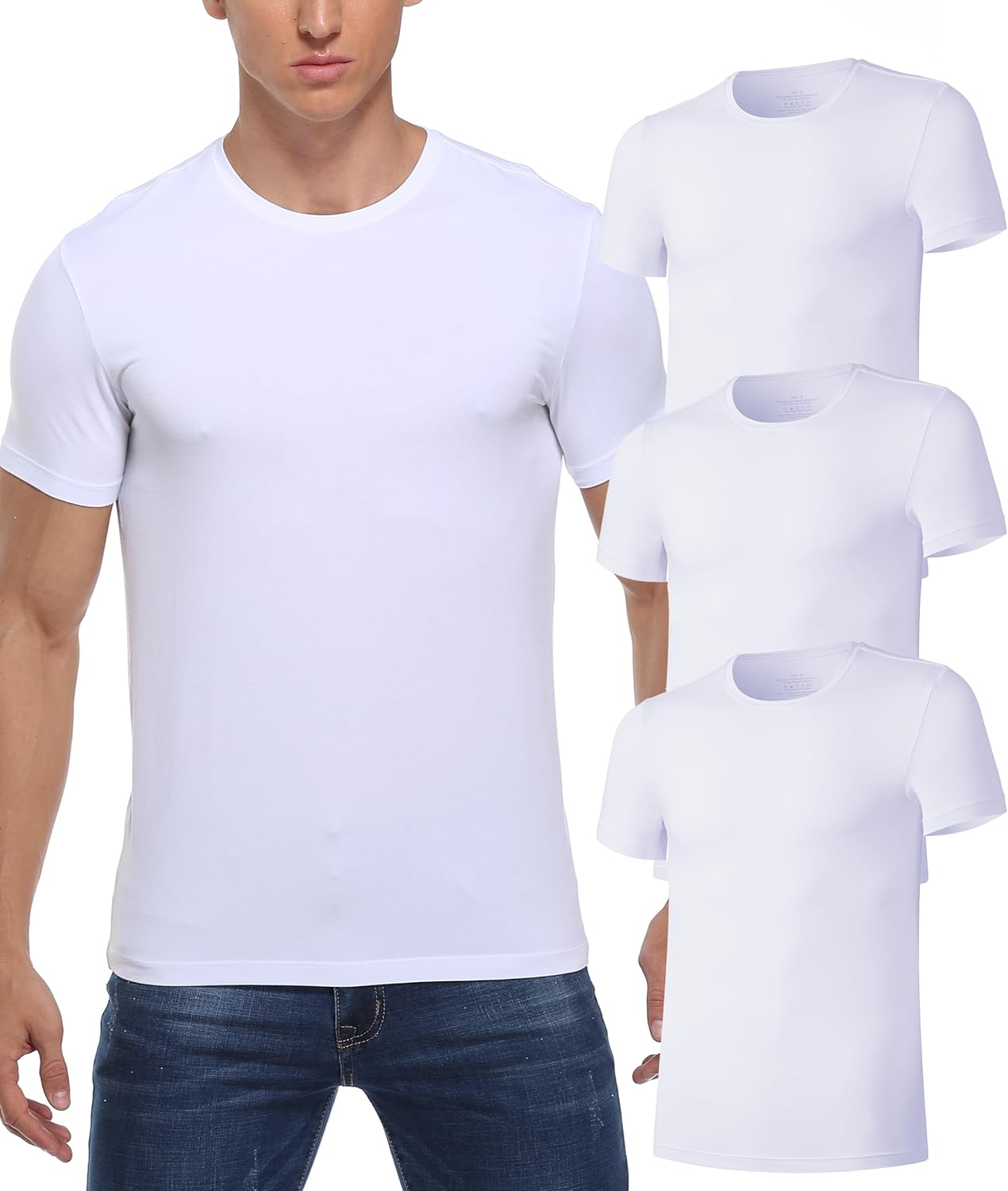 CF Men's Undershirts Bamboo Rayon Moisture-Wicking Crewneck T-Shirts for Men Slim Fit Tees Cool & Dry Undershirts 3 or 5 Pack