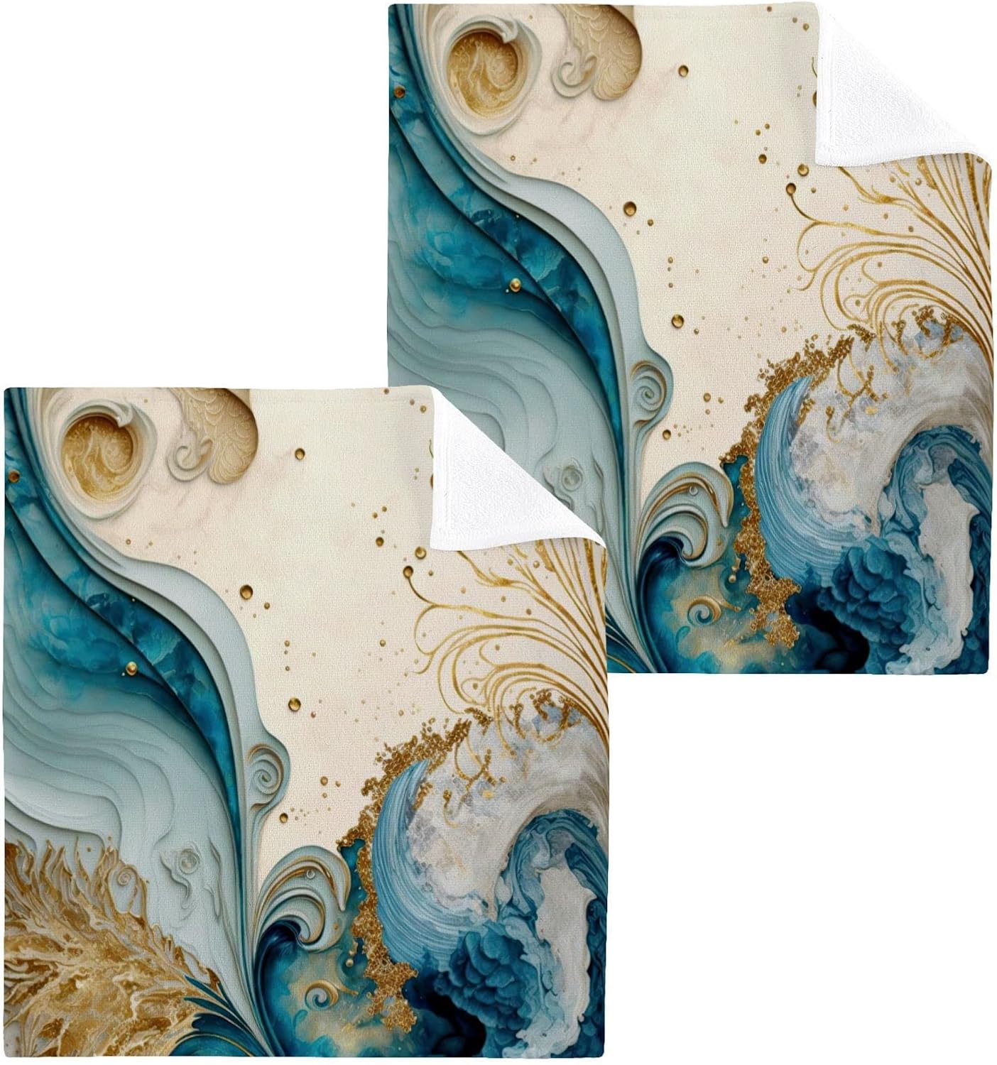 Vnurnrn Towels Cotton Washcloths Set (Gold Blue Marble), Soft Absorbent Quick Dry Wash Clothes, Multi-Purpose Fingertip Towels for Bathroom Hotel Travel 12×12 in (6 Pack)