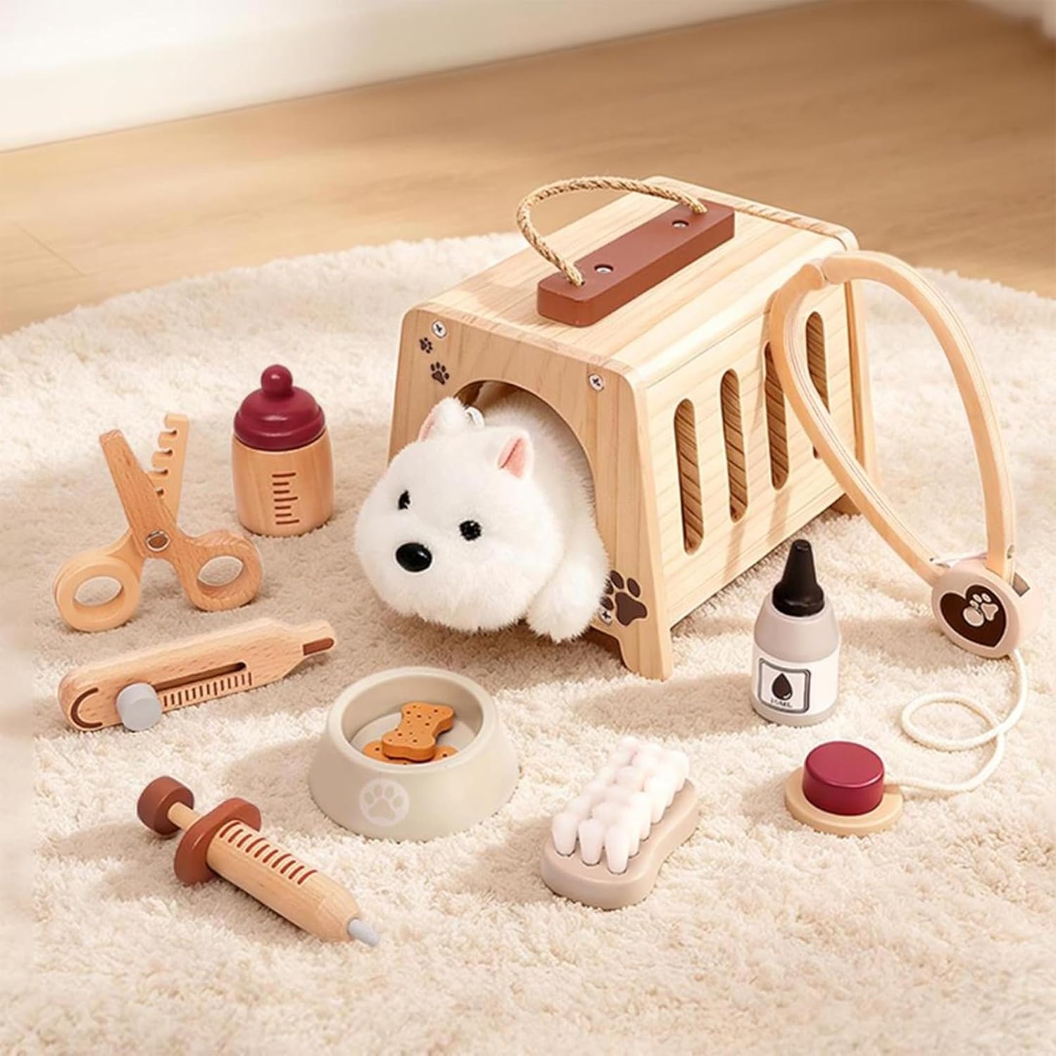Pretend Play Vet Kit – Wooden & Plush Veterinary Set with Stethoscope, Syringe, Thermometer & Pet Carrier – Imaginative Animal Care Playse