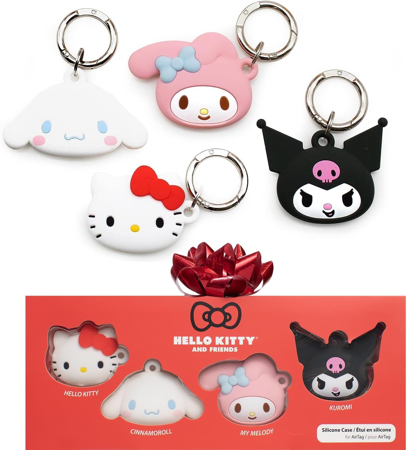 iFace Sanrio Friends Special Edition Silicone Protective Cover [ Compatible with Apple AirTag/AirTag 2][Cute Character Case Holder] [Carabiner Keychain Clip Included] - Set of 4 in Gift Box