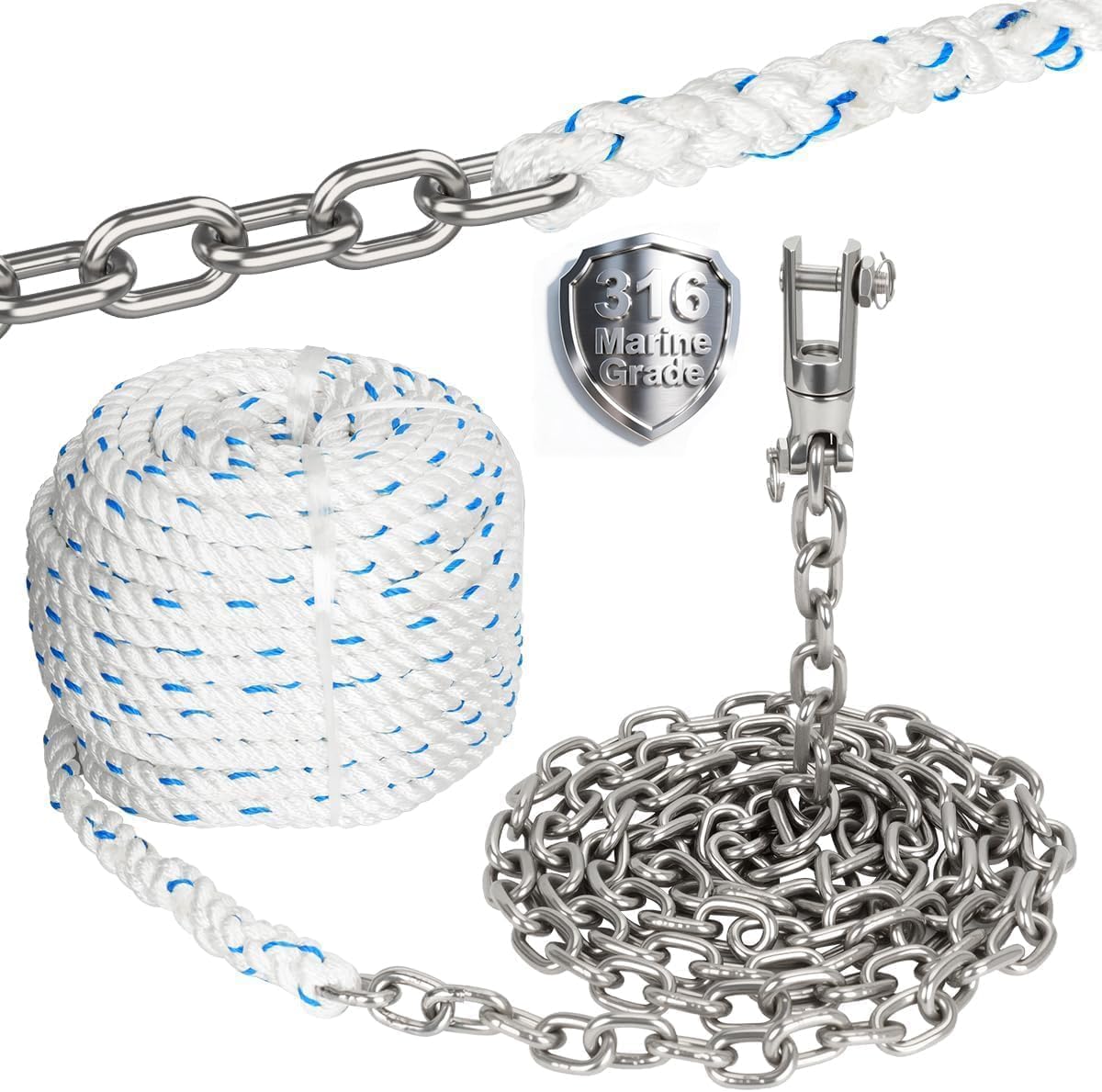 Anchor Rode for Boat Windlass, 1/2" Anchor Rope 250ft with 1/4" Anchor Chain 15ft, Swivel Connector, G4 316 Stainless Steel Short-Link Marine Chain with 3-Strand Nylon Rope