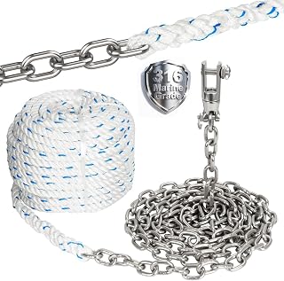 Windlass Anchor Rode, 1/2" Anchor Rope/line 100ft with 1/4" Anchor Chain 10ft and Swivel Connector, G4 316 Stainless Steel Short-Link Marine Chain with 3-Strand Nylon Rope
