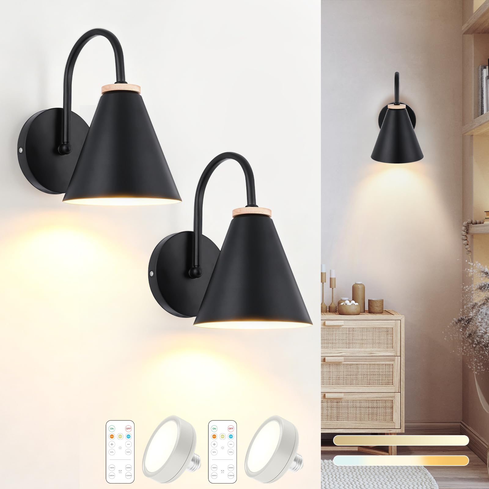 Battery Operated Black Faux-Wood Industrial Wall Sconce Set of Two