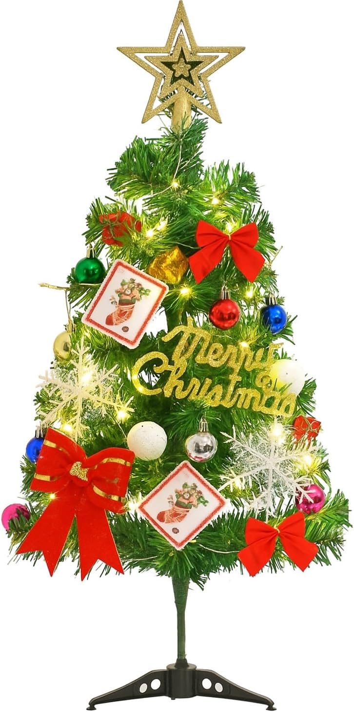 2ft (60cm) Mini Christmas Tree – Tabletop Xmas Tree with Assorted Ornaments for Festive Home, Desk & Holiday Display