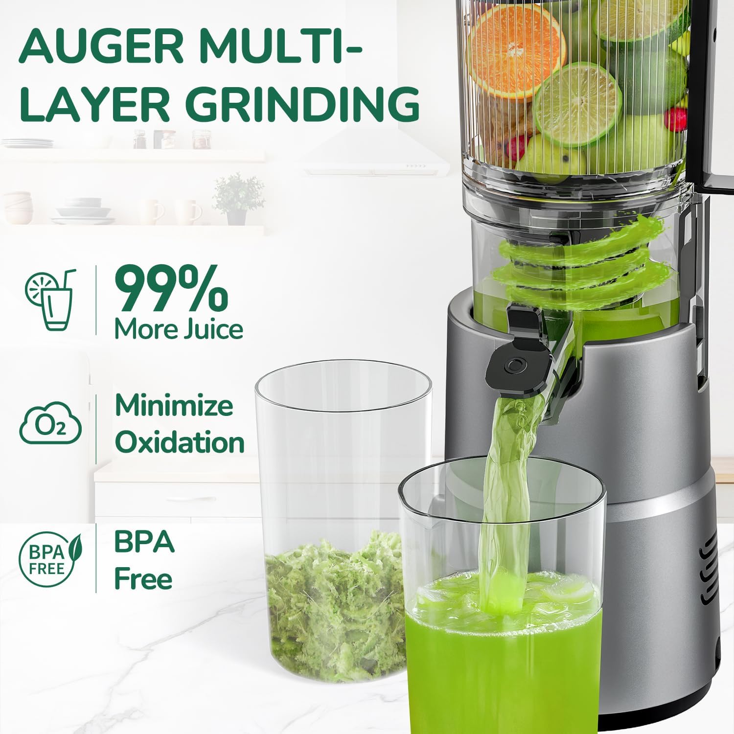 Canoly Juicer Machine, Wide Feed Chute Juicer, Slow Masticating Juicer, Fit Whole Vegetables & Fruits, Easy to Clean, Space Black - Image 3