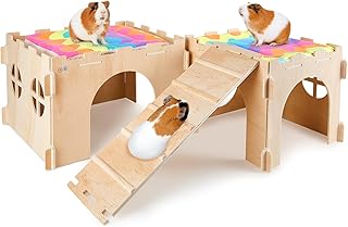 Guinea Pig Hideout, Guinea Pig House with Stairs and Mats Extra Large Guinea Pig Castle Detachable Hideouts for Small Animals Wooden Guinea Pig Habitats with Multiple Doors and Windows