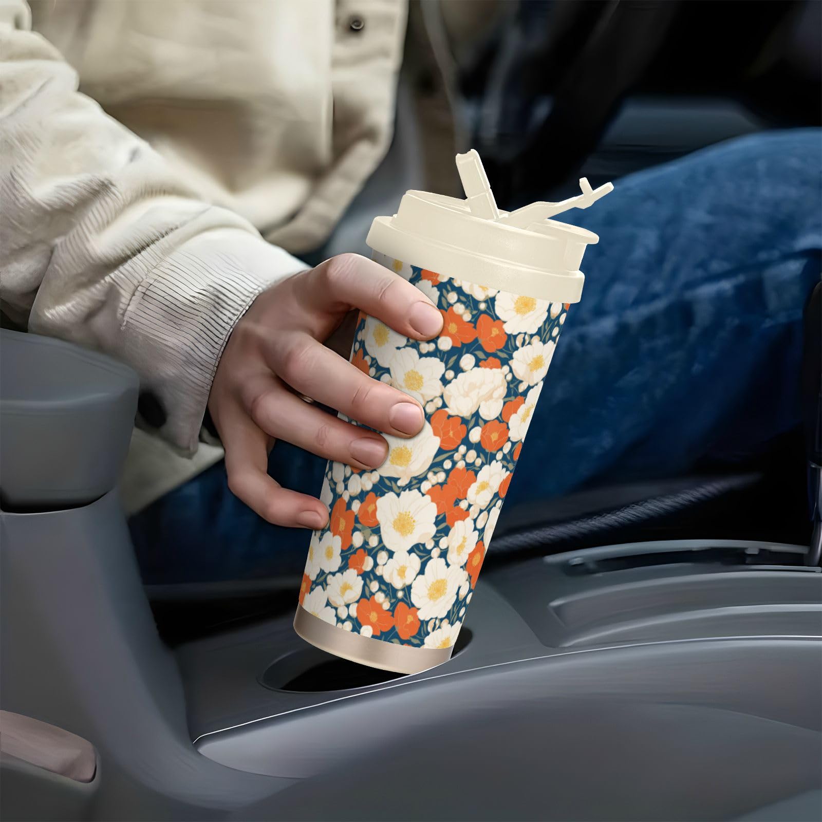 linqin Taza grande de café de viaje con diseño de flor roja, taza Togo con tapa, tazas térmicas de acero inoxidable para bebidas calientes y frías, 17 onzas, a prueba de fugas