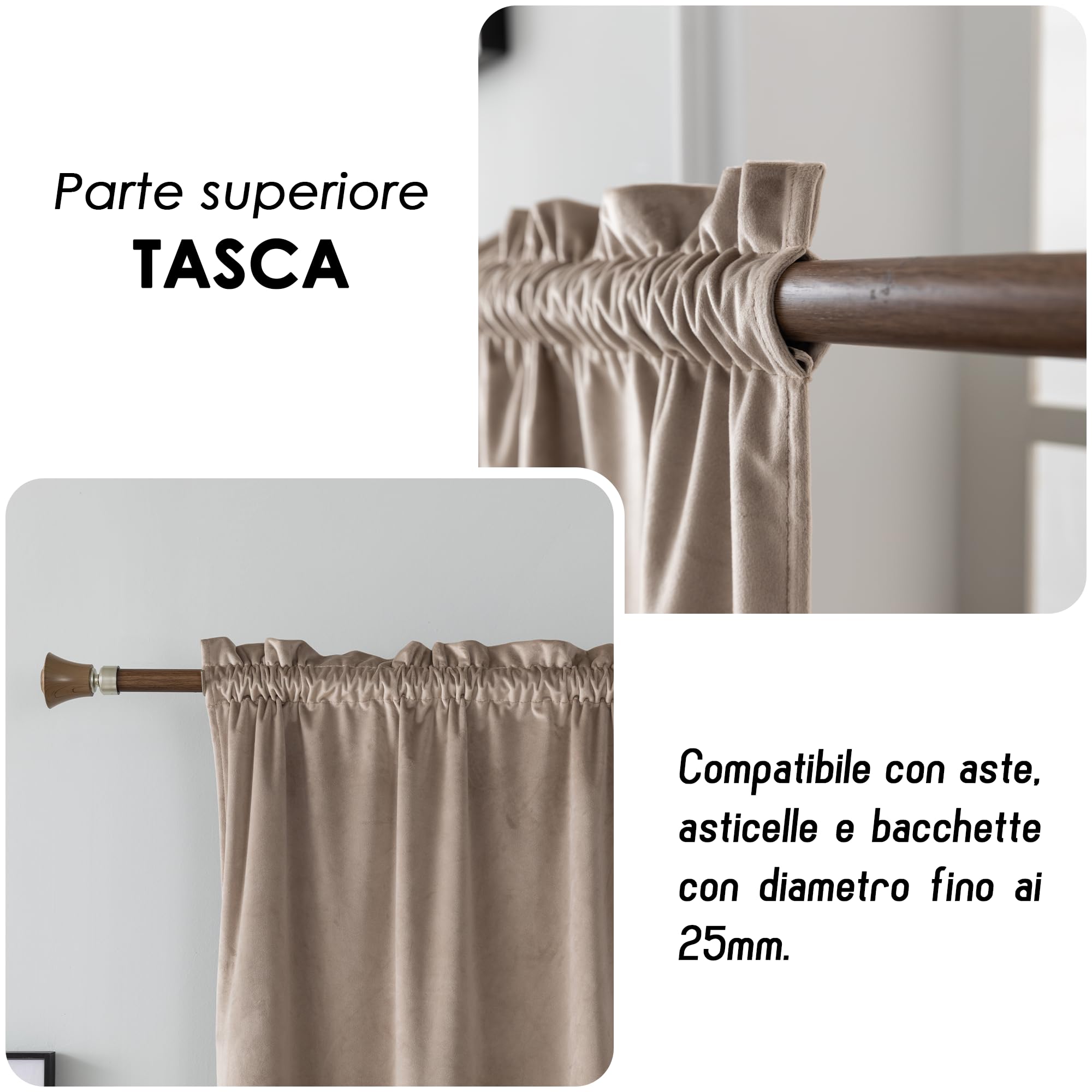 GIRASOLE HOME Coppia Tende Adelaide Morbide Oscuranti Termiche in Velluto 2 Pannelli da 70x150cm con Tasca, Tortora