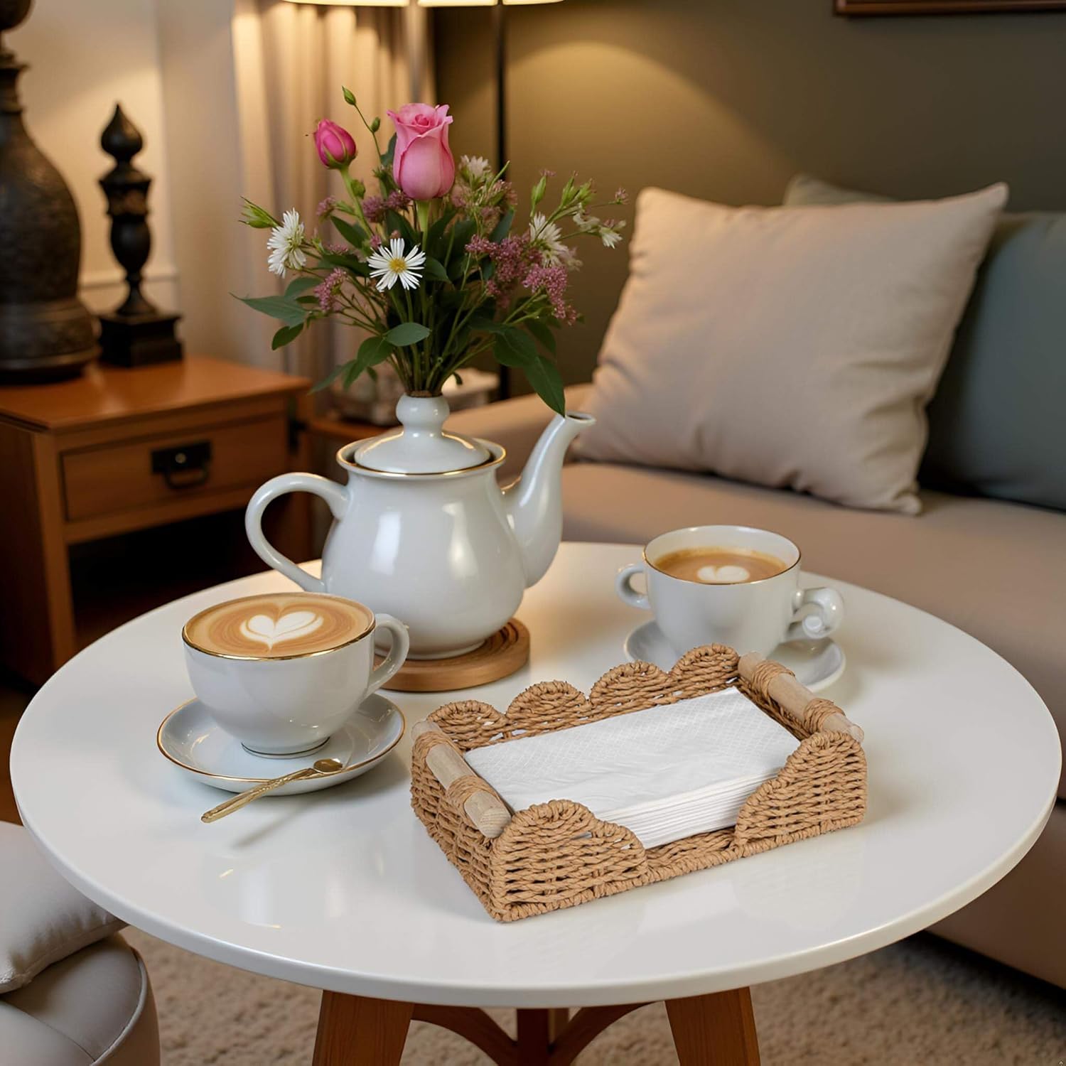 CubesLand Scalloped Napkin Holder for Bathroom Decor, Paper Rope Flat Napkin Dispenser Guest Towel Tray for Bathroom, Farmhouse Warm Napkin Holder for Table Dining Room Home Kitchen Decor, Neutral - Image 3