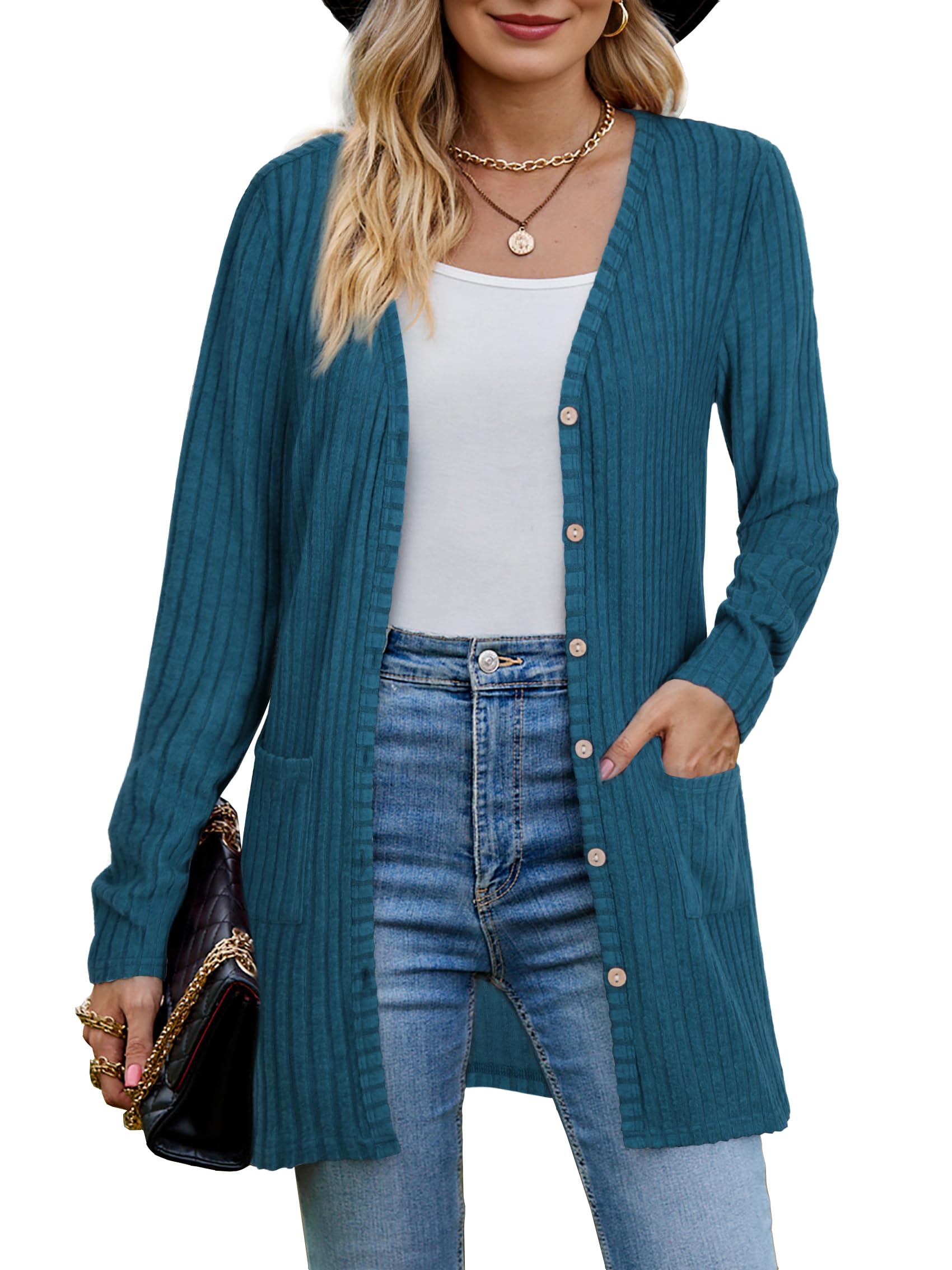 MYCOLORBLUE Alte Zeiten Strickjacken für Damen Elegant Gerippt Cardigan Langarm Knopfleiste mit Taschen Strickcardigan