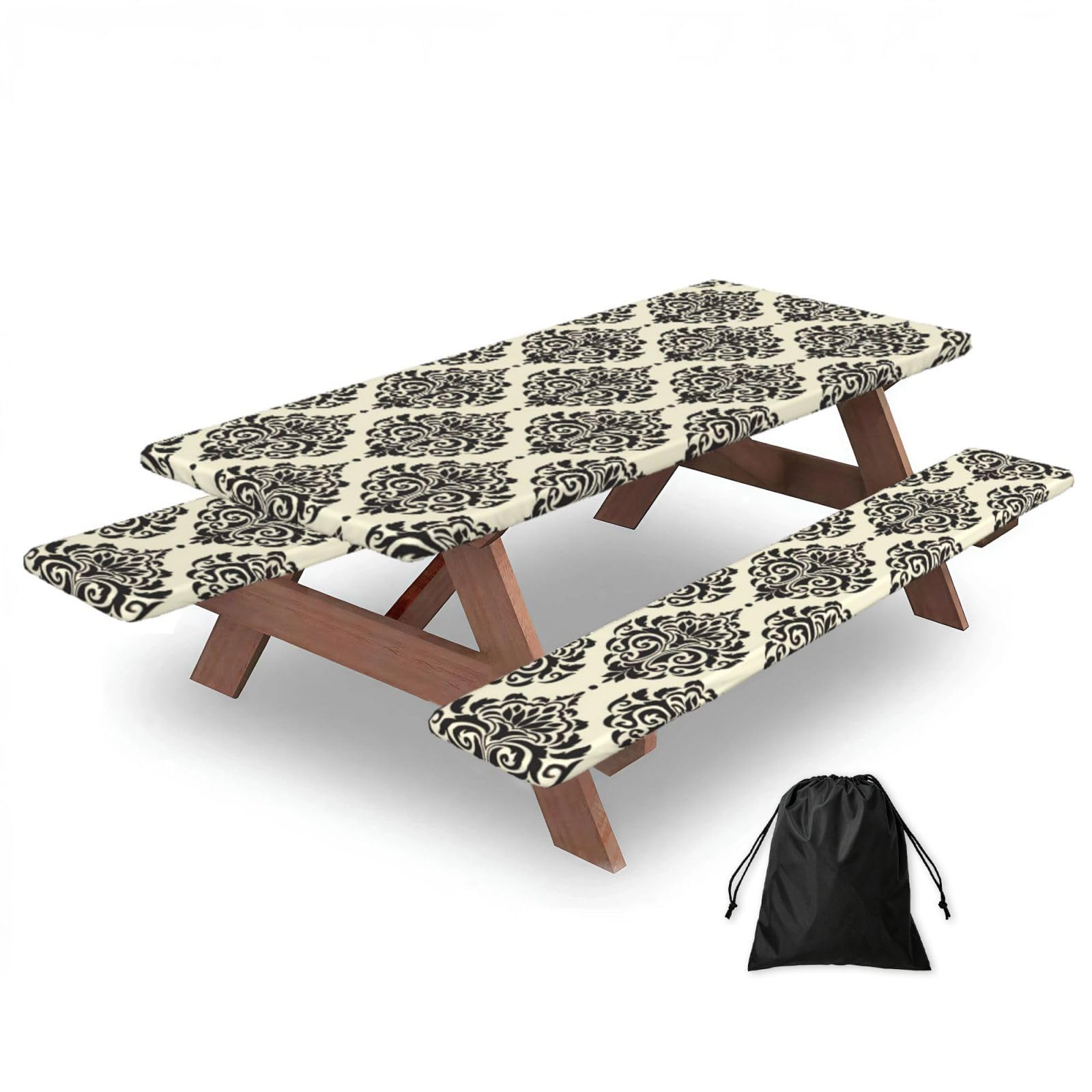 Yqxwjl Black Asian Elephants Print Camping Essentials Waterproof Camping Table And Bench Cover With Drawstring Bag 183 Cm