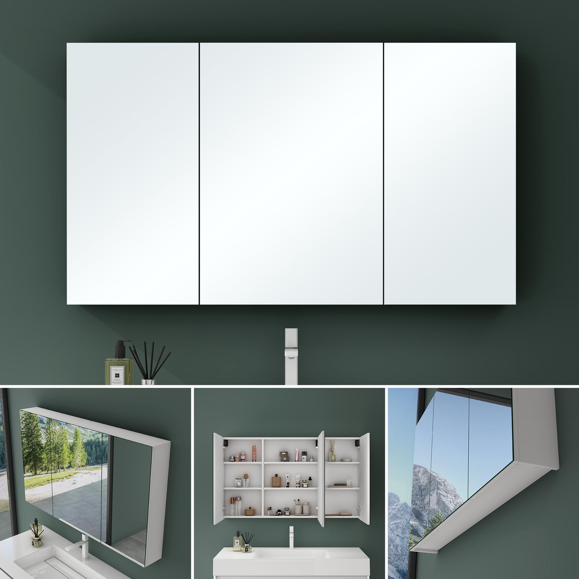Mai & Mai Armoire Suspendue de Salle de Bain avec Miroir Armoire de Toilette Meuble Murale Miroir avec 3 Portes 120x15x70 cm Blanc Mat SpiegelSR-02