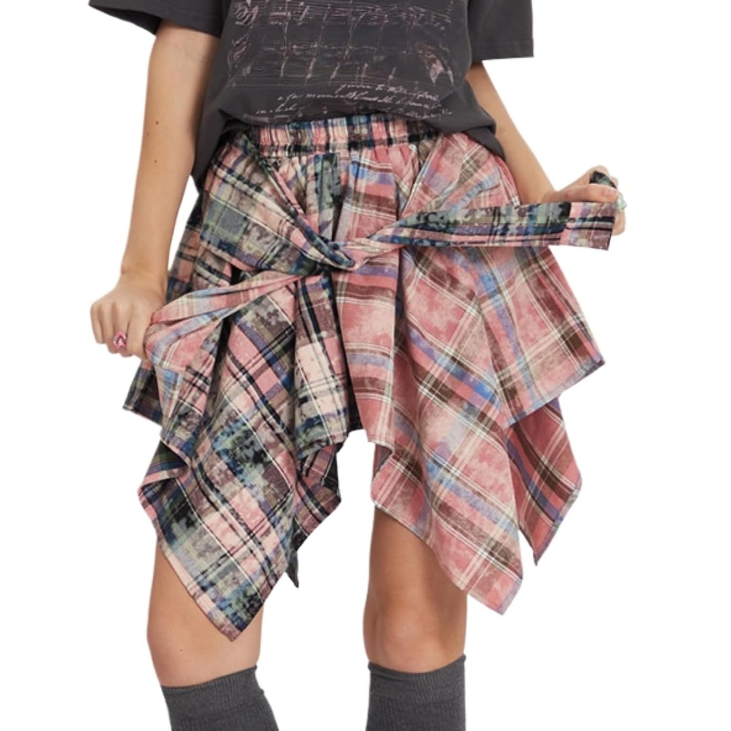 Womens Plaid Mini Skirt Knot Front Y2K Streetwear Elastic High Waist Pleated Asymmetrical Hem Skirts