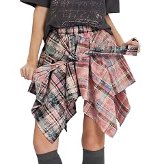 Womens Plaid Mini Skirt Knot Front Y2K Streetwear Elastic High Waist Pleated Asymmetrical Hem Skirts