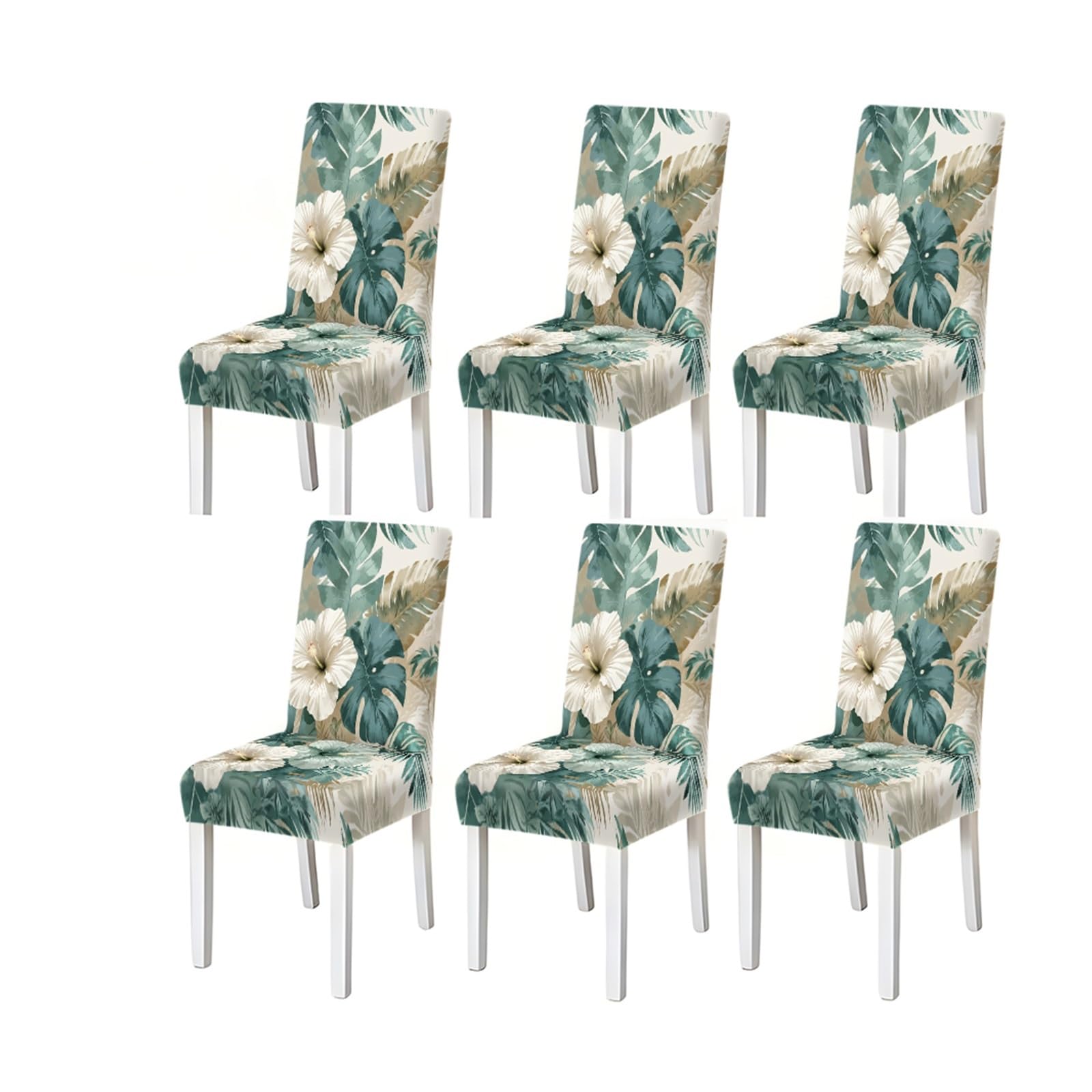 Teal Hibiscus Monstera Tropical Palm Leaf Pattern Print Dining Chair Covers Set Of 2/4/6, Stretch Slipcovers For Kitchen Dining Room Removable Stretch Slipcovers for Dining Chairs(6PCSChair cover)