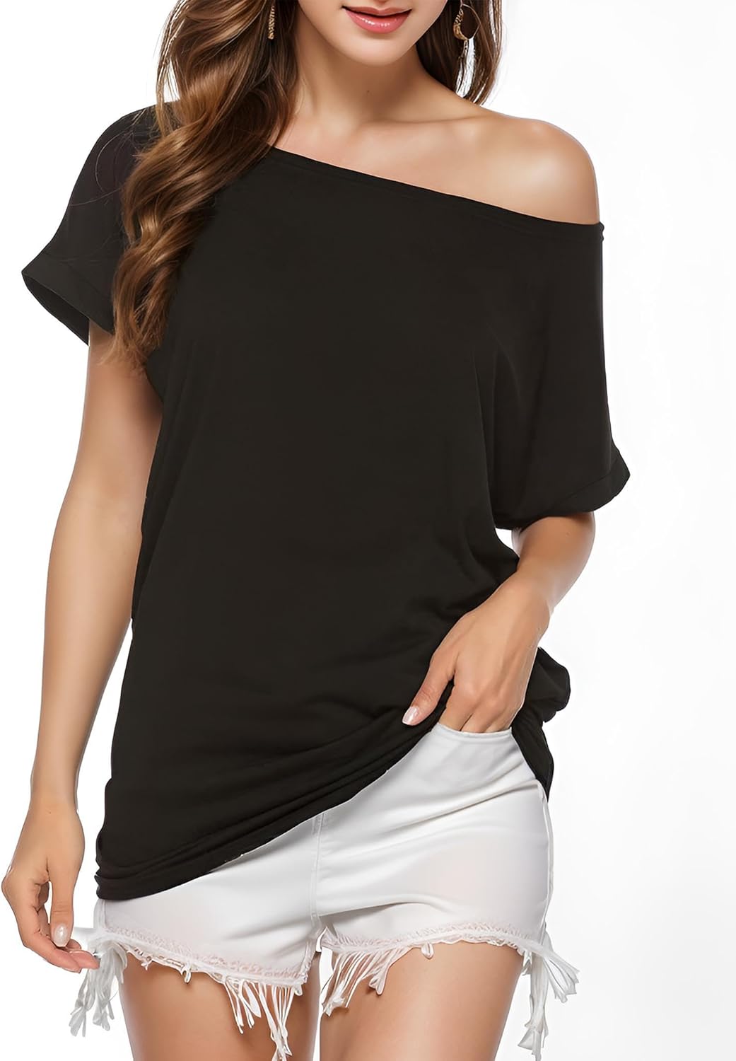Off The Shoulder for Women Short Sleeve Shirts Oversized Tshirts Date Night Flowy Boat Neck Tops - Image 4