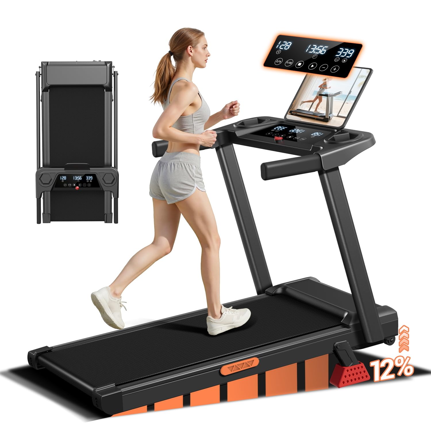 16% Incline Treadmill with Handle, 3-in-1 Portable Treadmills for Home and Office, Foldable Treadmills with 300 Lbs Weight Capacity, 3.0HP Quiet Walking Pad Treadmill, Three Screen