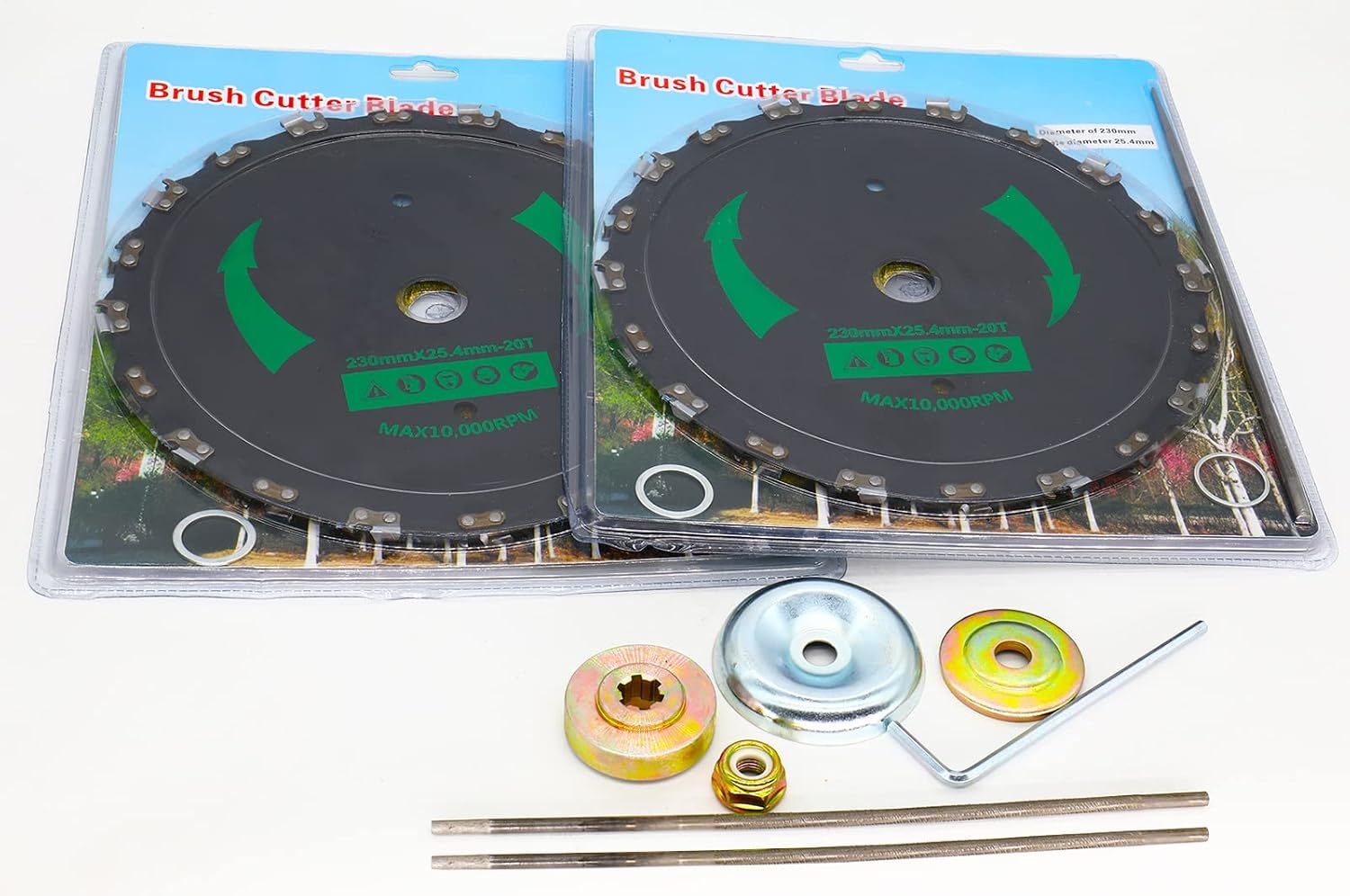 (2 Pack) 9Inch x 20T Chainsaw Tooth Brush Blades with Adapter Included+2 Round Files Replacement for Brush Cutters, String Trimmers, and Weed Wreckers